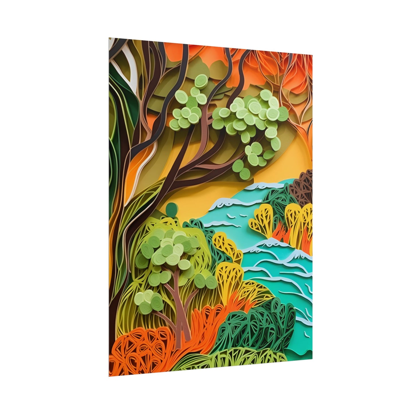 African Paper Quilled Landscape: Artwork in Brown and Green - Poster