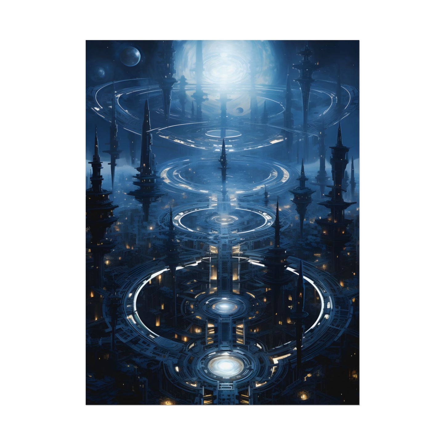 Aetherial Space Station: Galactic Hub in Vibrant Blue Nebula - Poster