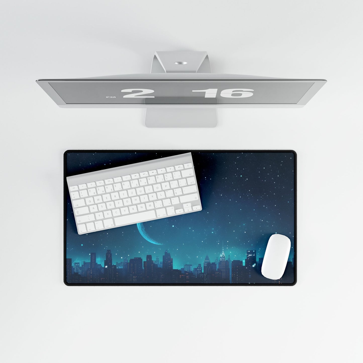 Starry Night Sky: Tranquil Dark Blue Scene with Crescent Moon - Desk Mat