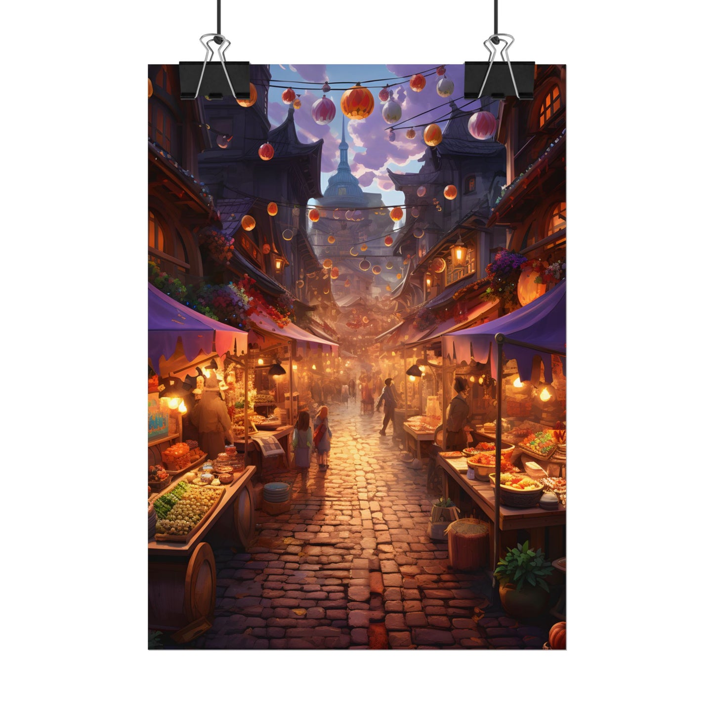 Magical Street Food Market: Vibrant Enchanted Scene Art - Poster