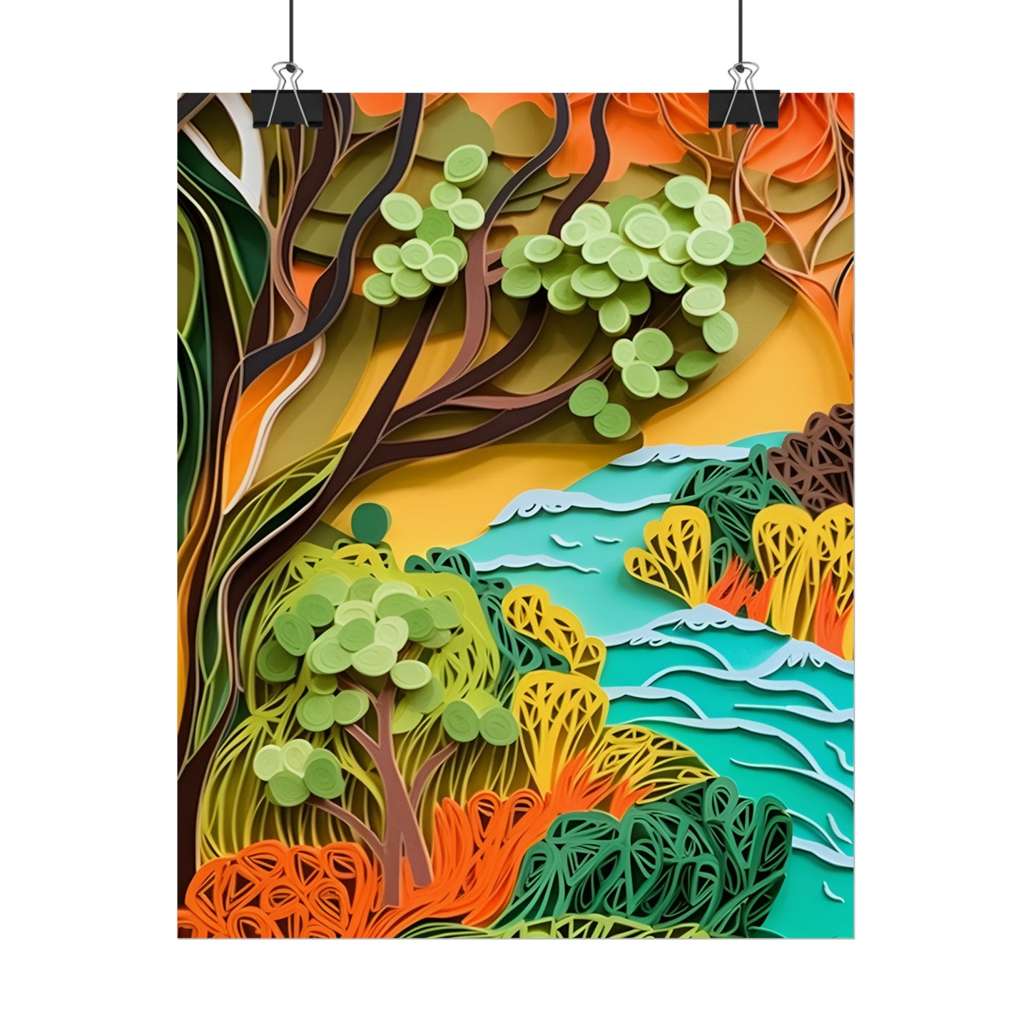 African Paper Quilled Landscape: Artwork in Brown and Green - Poster