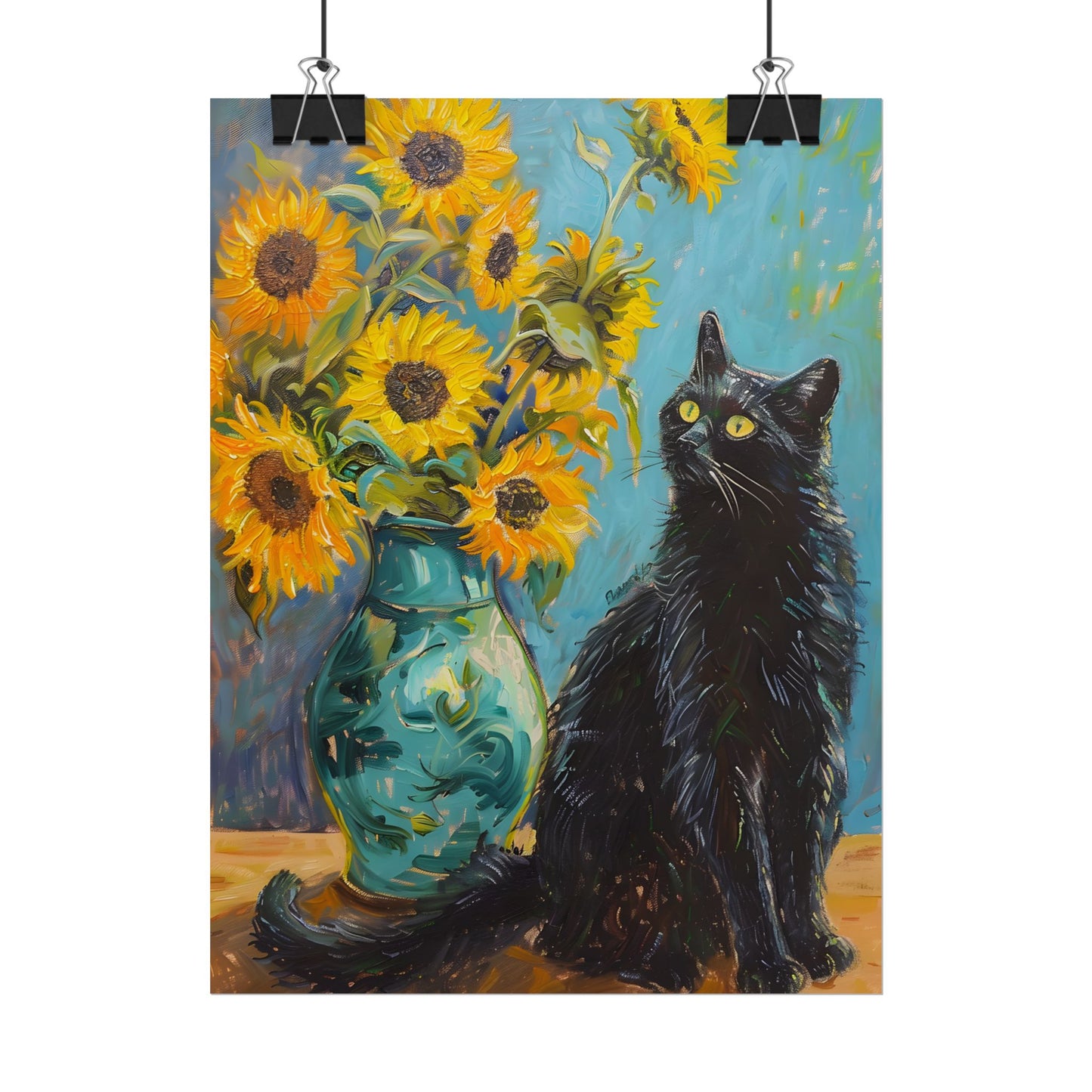 Whispers in the Garden: A Black Cat Among Sunflowers - Poster