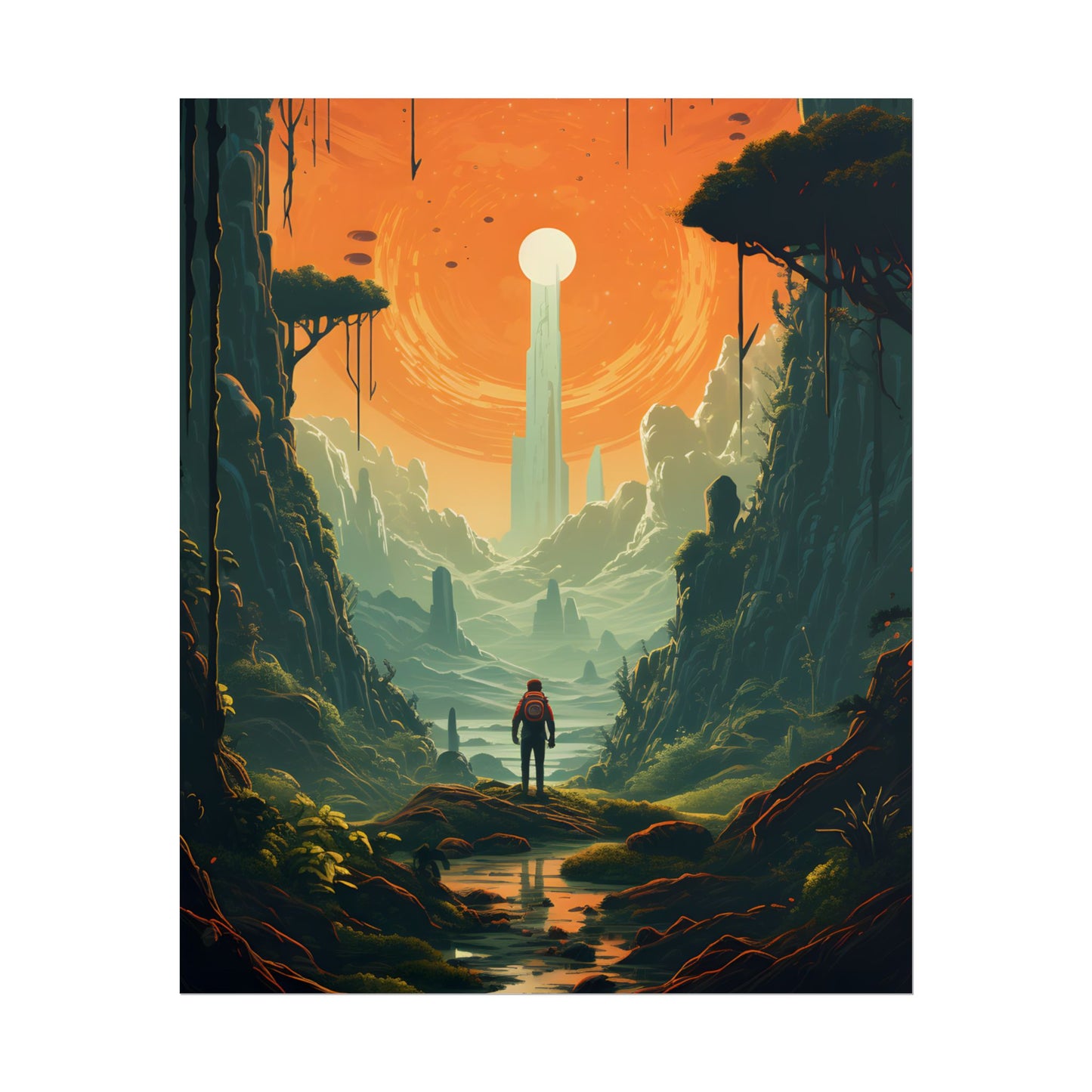 Futuristic Wilderness Explorer: Solo Discovery in Sci-Fi Terrain - Poster