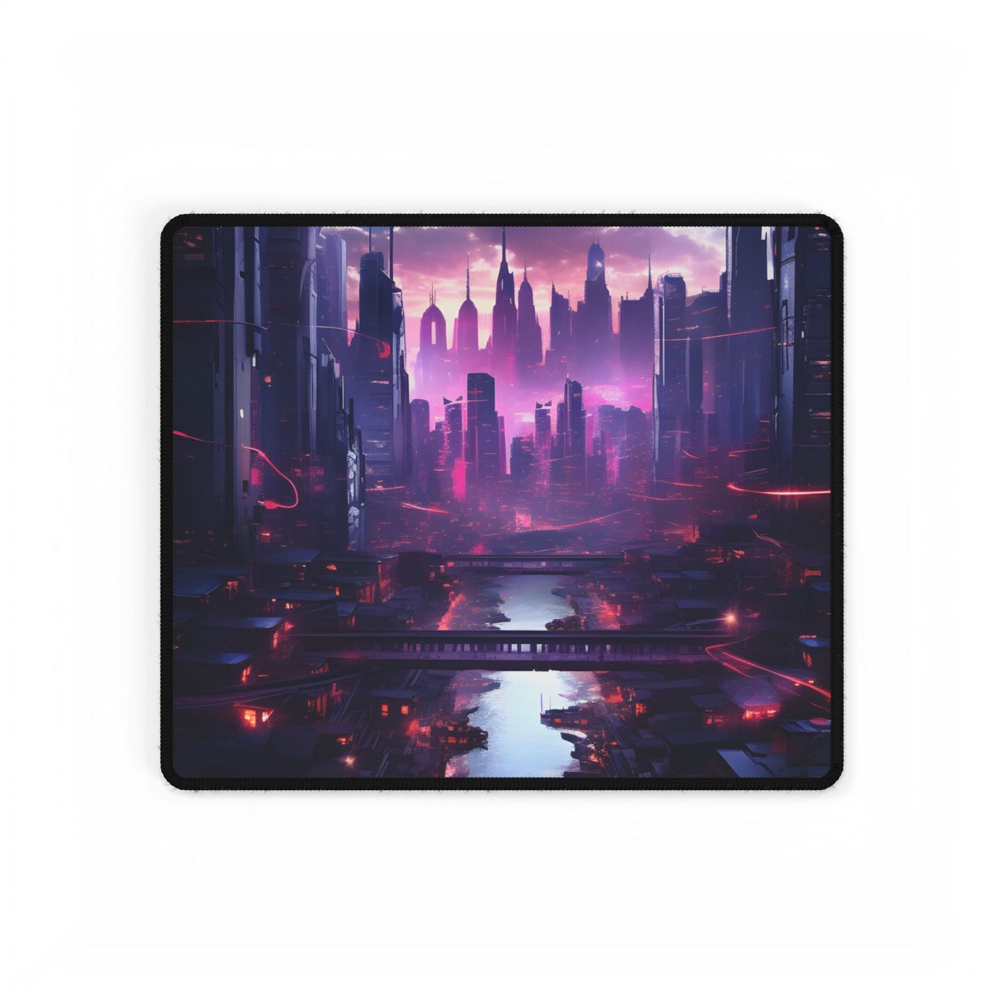 Dystopian Cyberpunk Cityscape: Neon Futuristic Artwork - Desk Mat