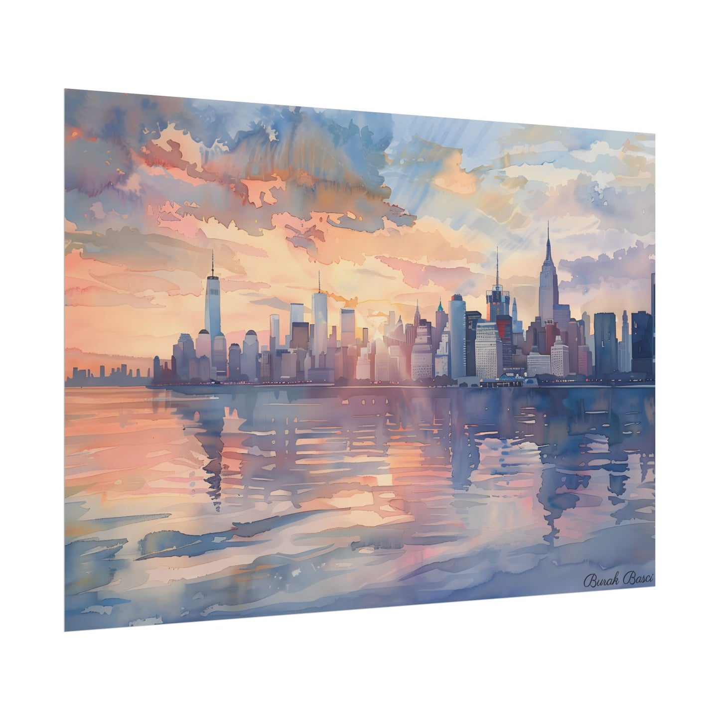 Watercolor New York City Sunset: Golden Hour Artwork - Poster