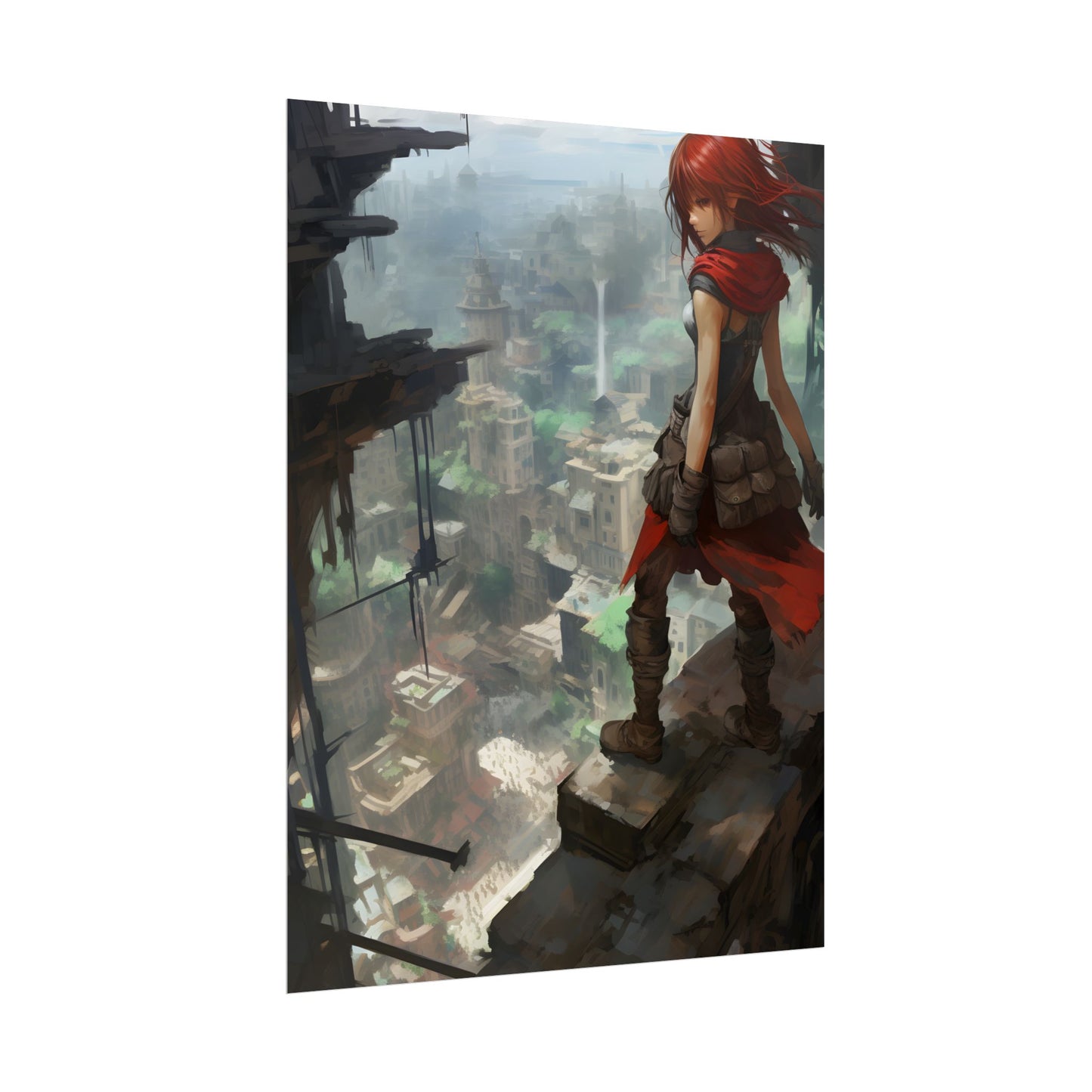 Dramatic Anime Bird's Eye View: Red Haired Heroine in Flight - Poster
