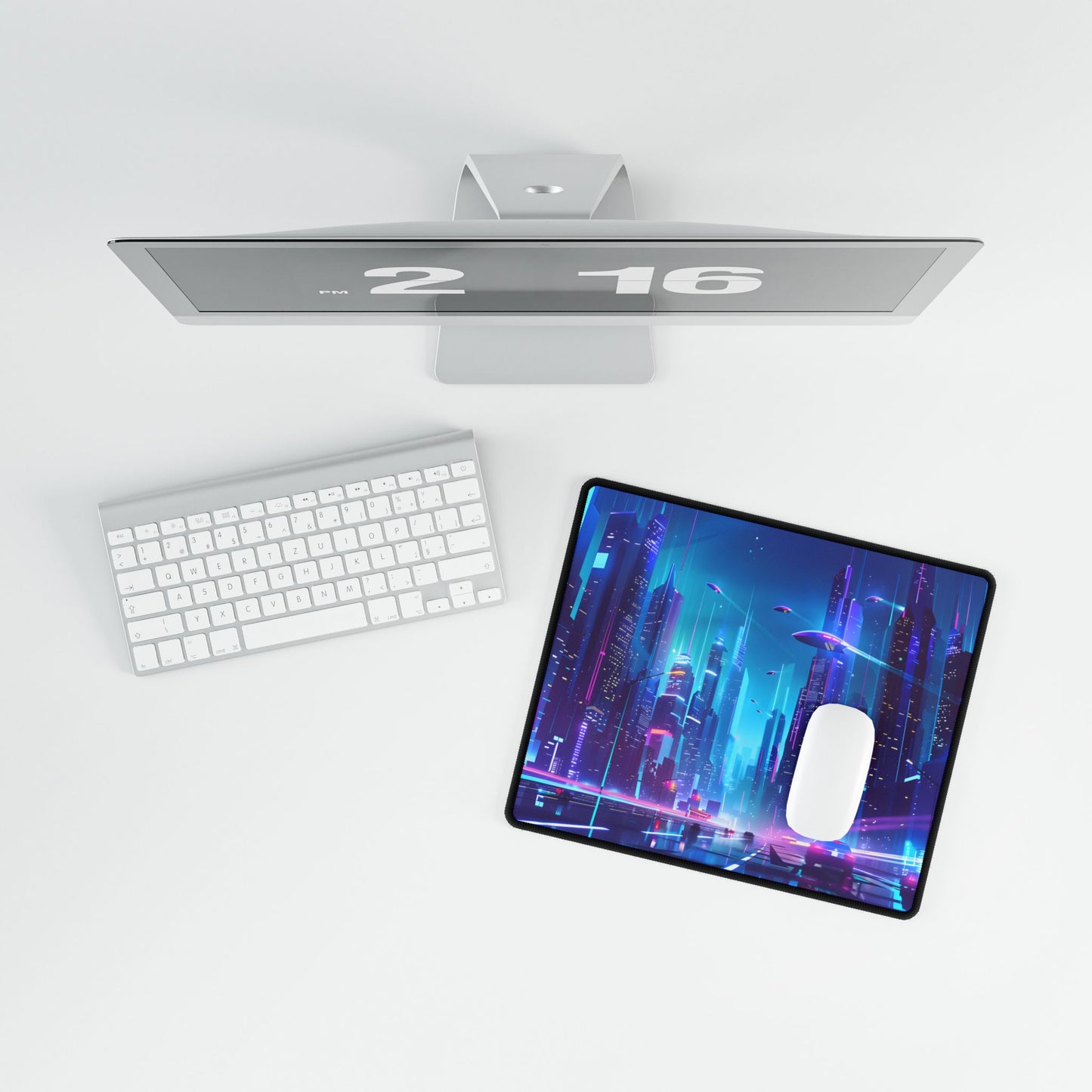 Futuristic Neon City: Towering Skyscrapers in a Vibrant Nighttime Sky - Desk Mat