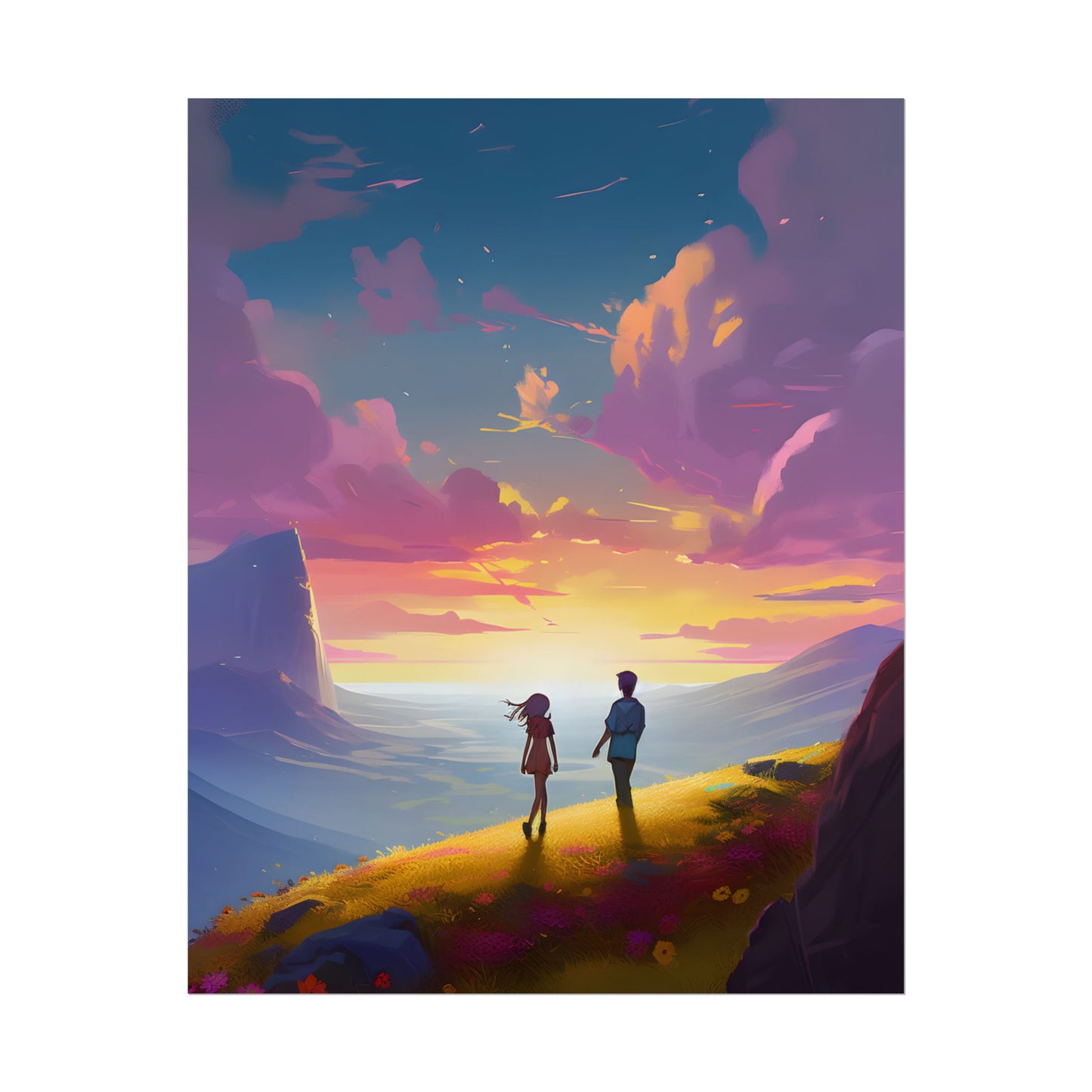 Young Love in a Cloudy Meadow: A Heartwarming Artwork - Poster