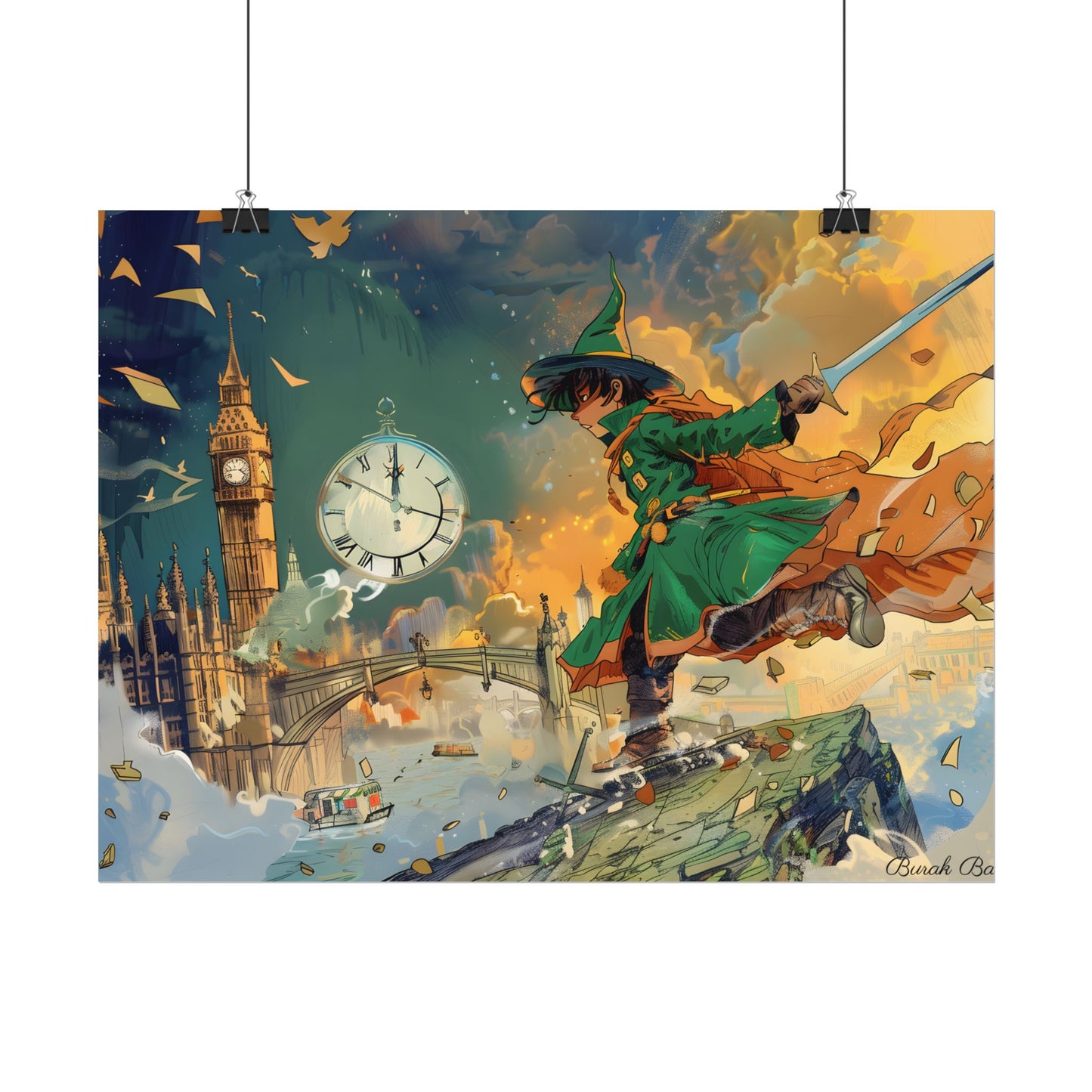 Whimsical Green Tunic Boy: Mischievous Illustration - Poster