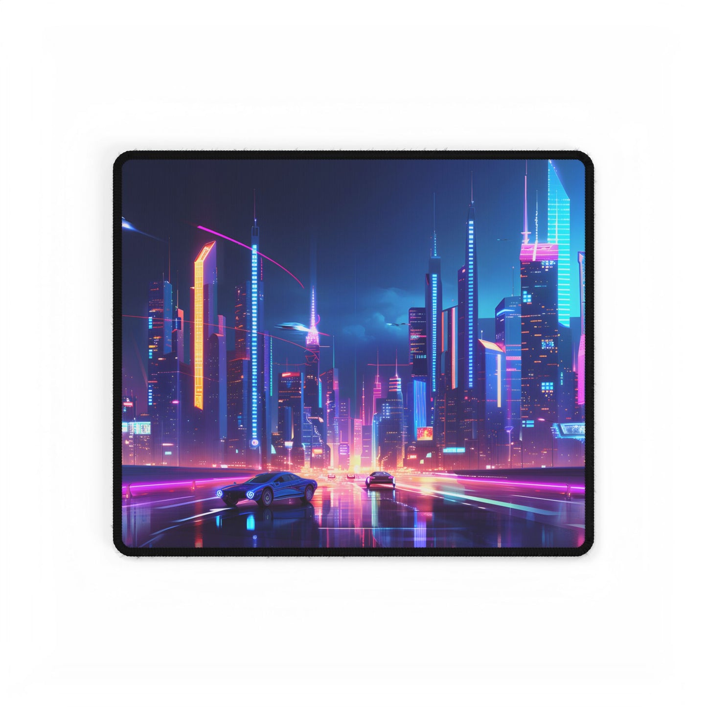 Futuristic City Glow: Neon Lights Digital Art - Desk Mat