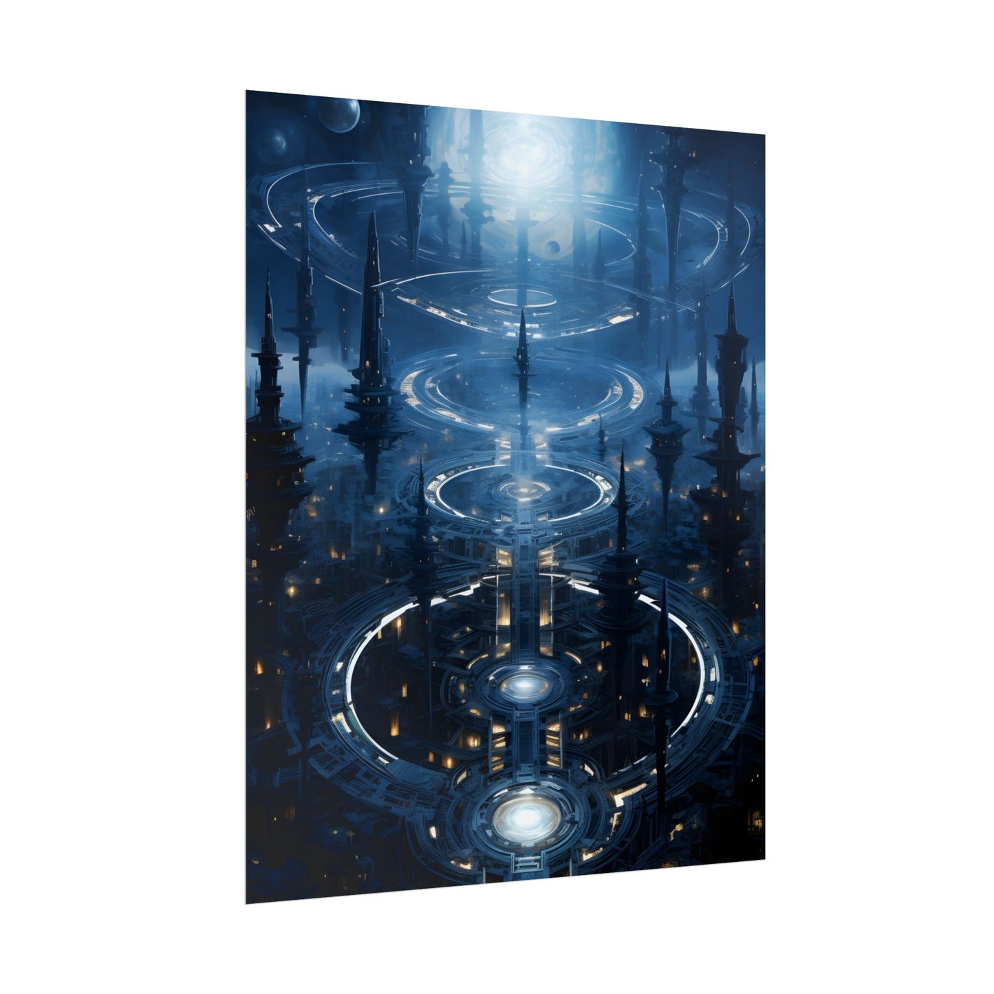 Aetherial Space Station: Galactic Hub in Vibrant Blue Nebula - Poster