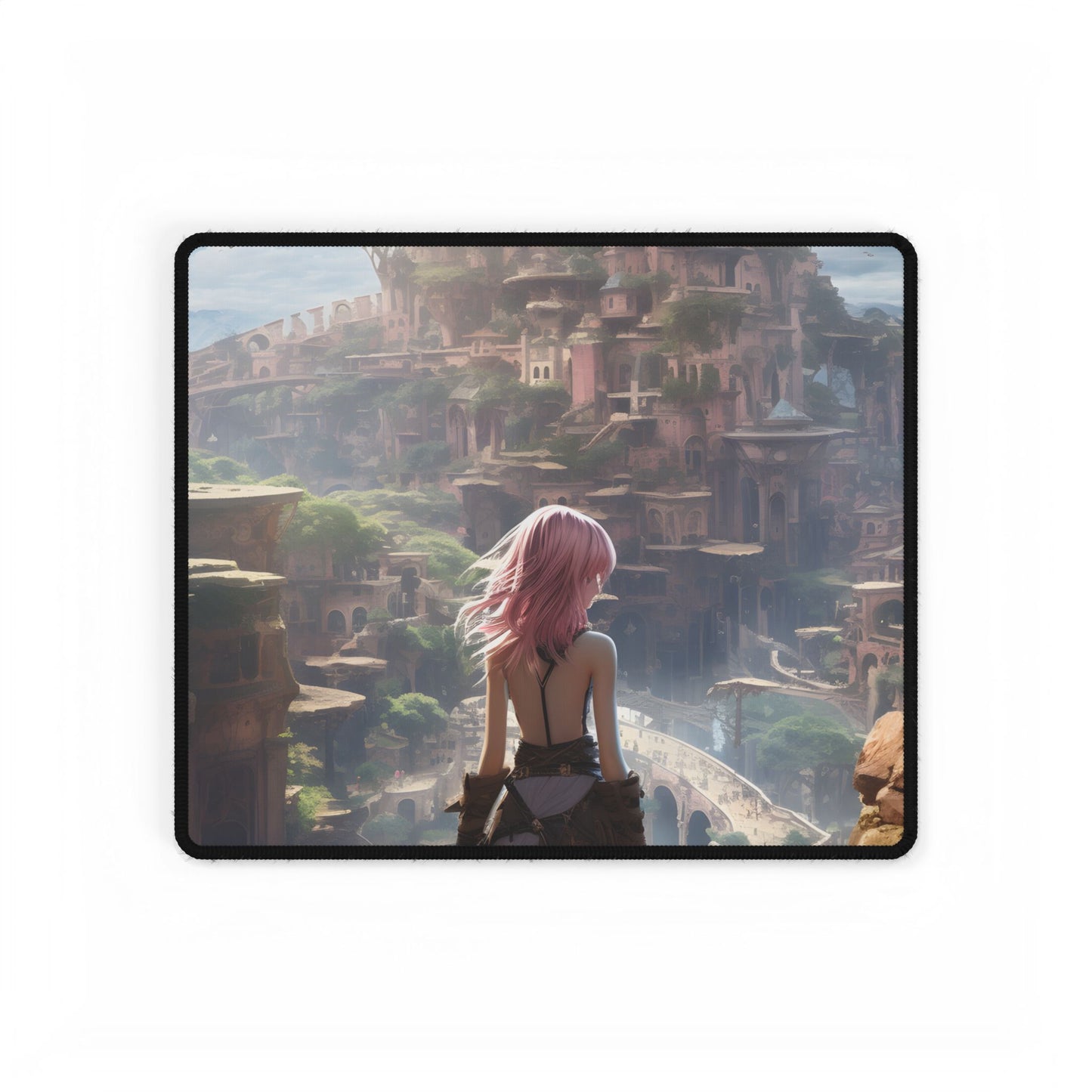 Dramatic Birds Eye View Anime Art: Digital Artwork in Flight - Desk Mat