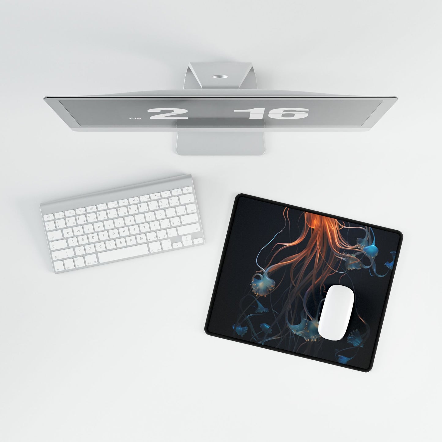 Bioluminescent Oceanic Ballet: Mesmerizing Underwater Scene Artwork - Desk Mat