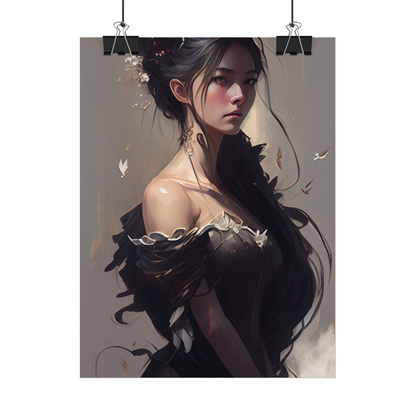Elegant Black Hair Portrait: Beautiful Female in Dress Art - Poster