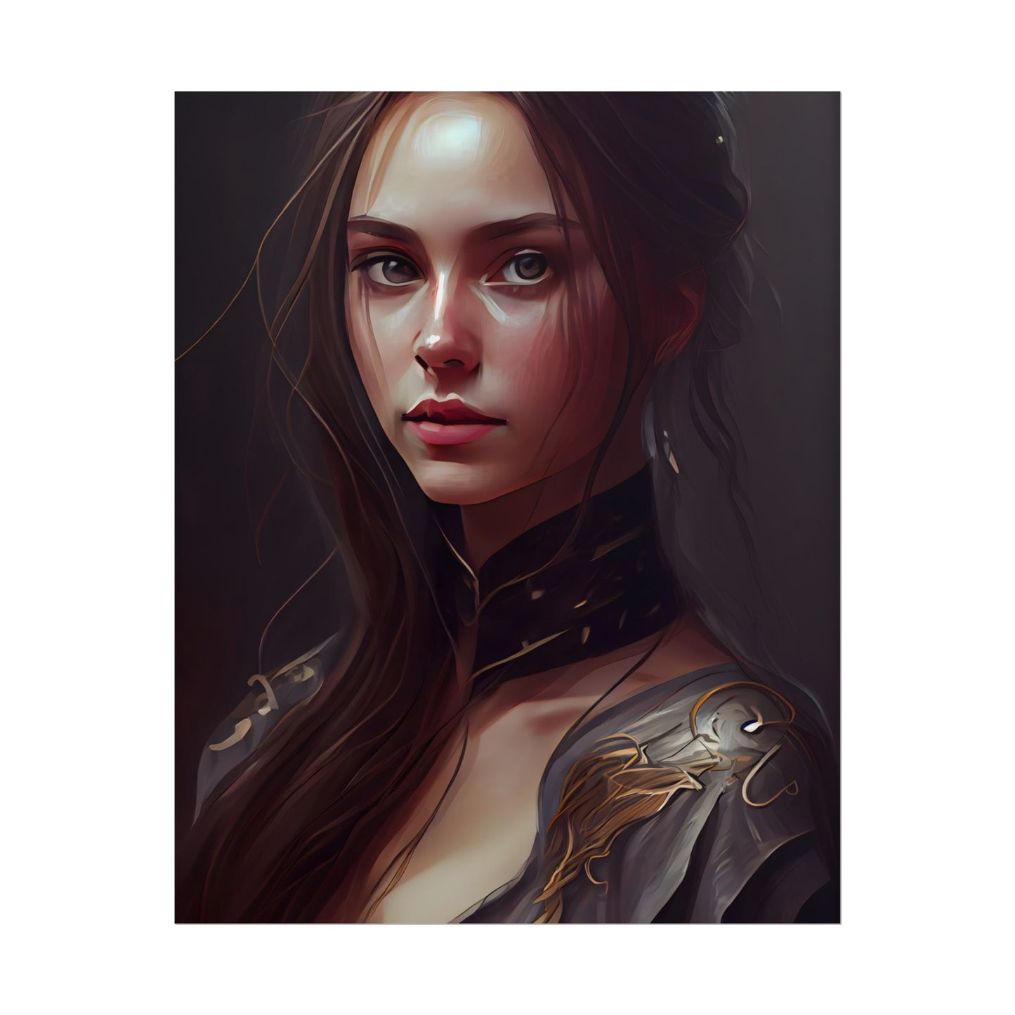 Elegant Indoor Portrait: Brown Hair Beauty - Poster