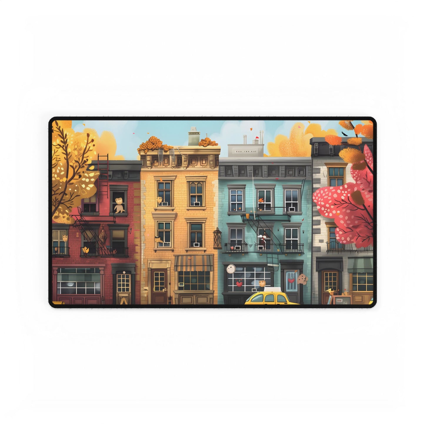 Whimsical Wonder: Playful Yellow Building Illustration - Desk Mat