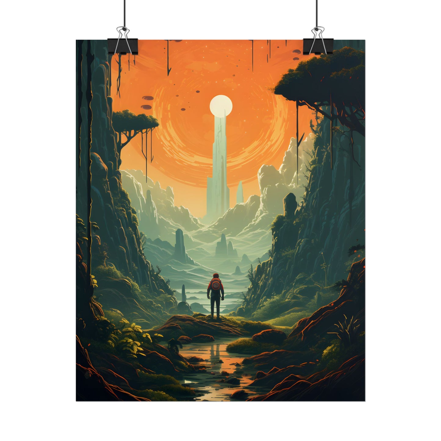 Futuristic Wilderness Explorer: Solo Discovery in Sci-Fi Terrain - Poster