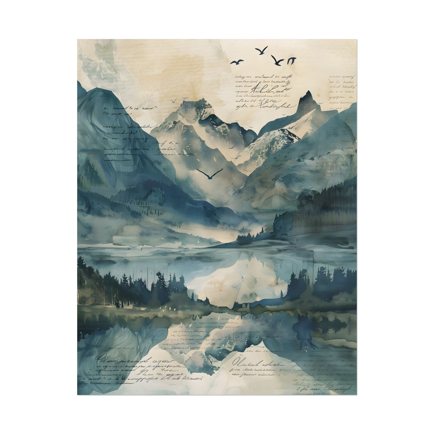 Serene Mountain Landscape: Wildlife Art with Birds in Flight - Poster