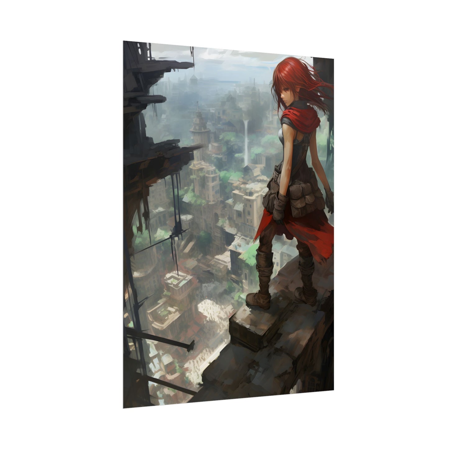 Dramatic Anime Bird's Eye View: Red Haired Heroine in Flight - Poster