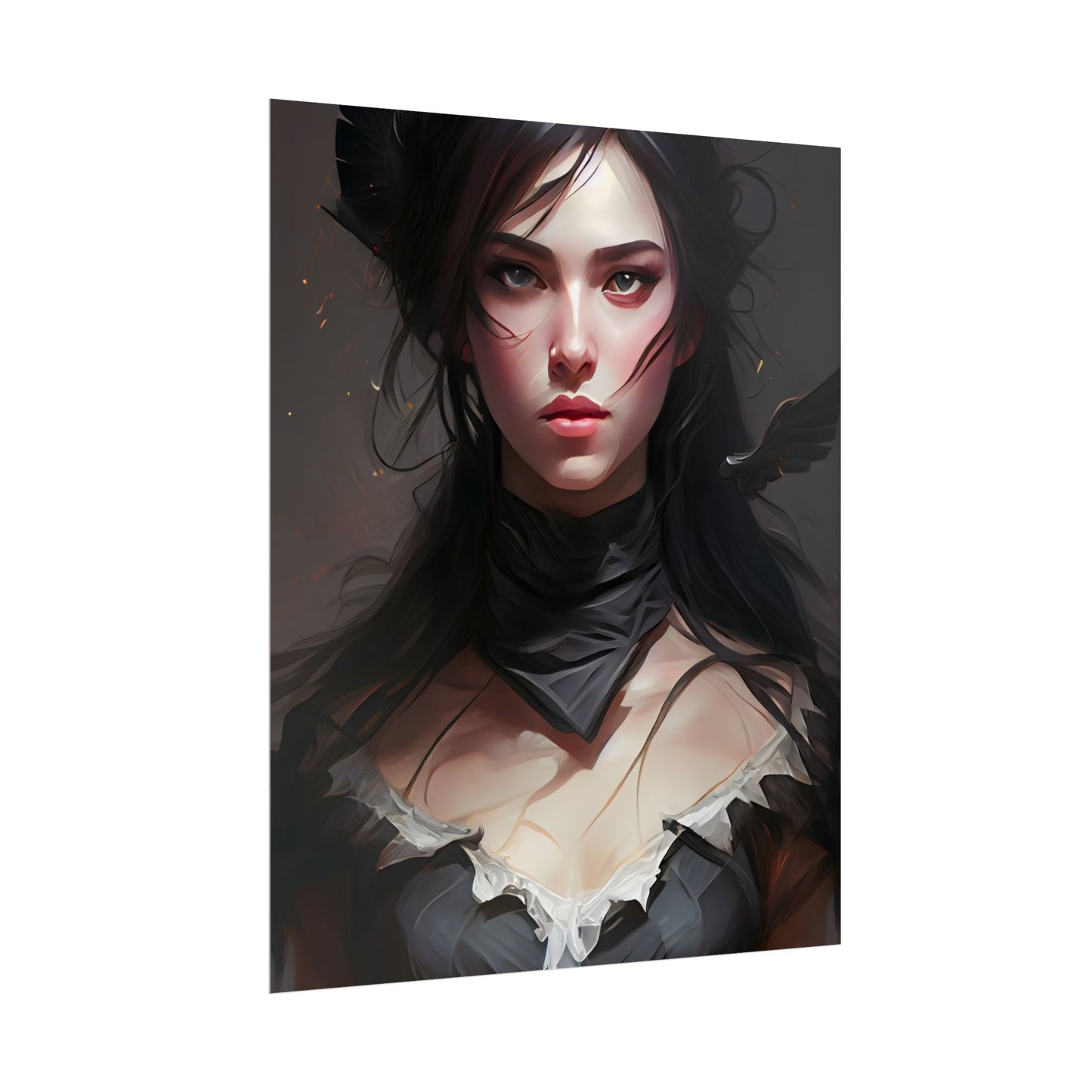 Female Portrait: Black Hair Artwork in Dark Background - Poster