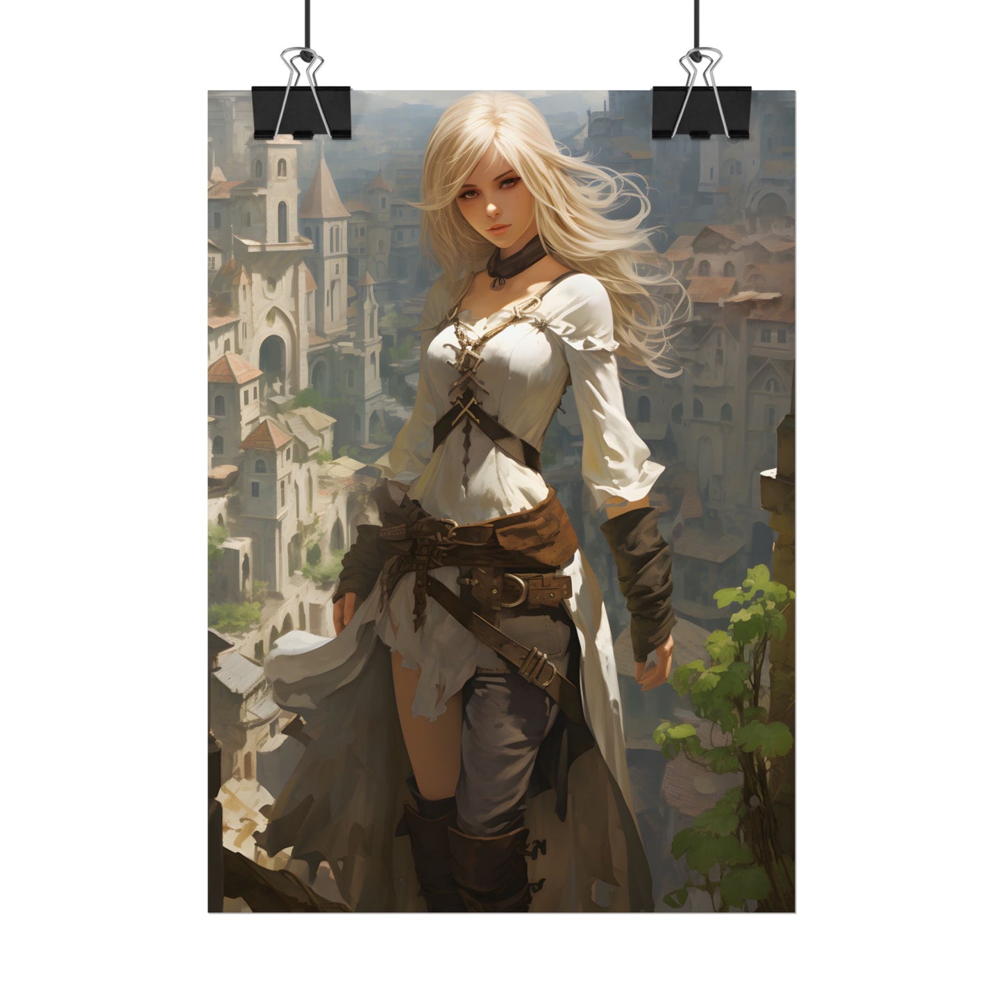 Anime Bird's Eye View Portrait: Blonde Beauty in Motion - Poster
