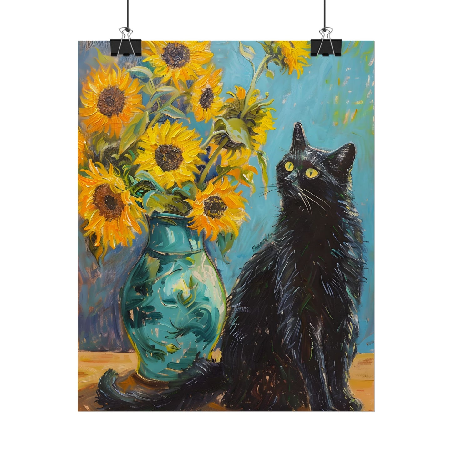 Whispers in the Garden: A Black Cat Among Sunflowers - Poster