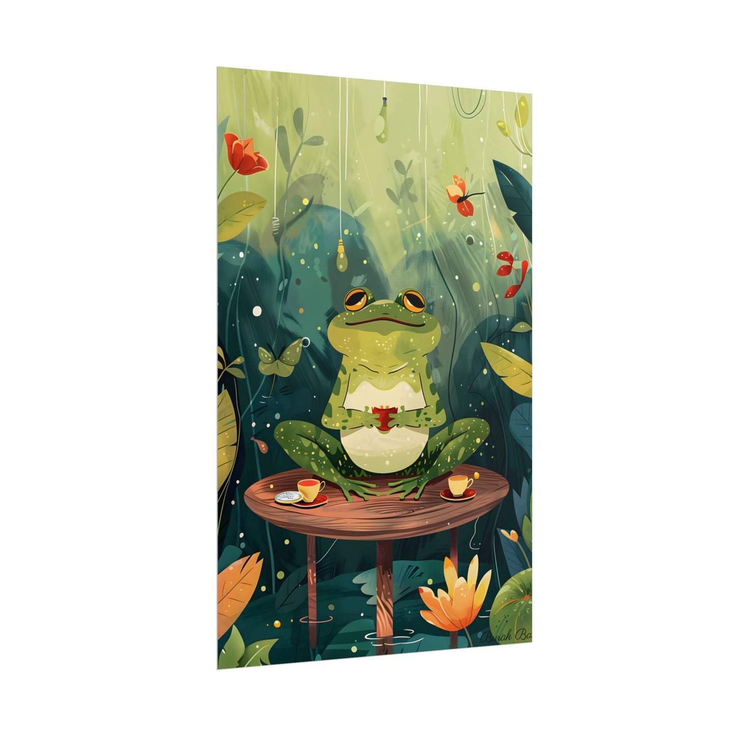 Whimsical Frog on Water: Playful Lily Pad Illustration - Poster