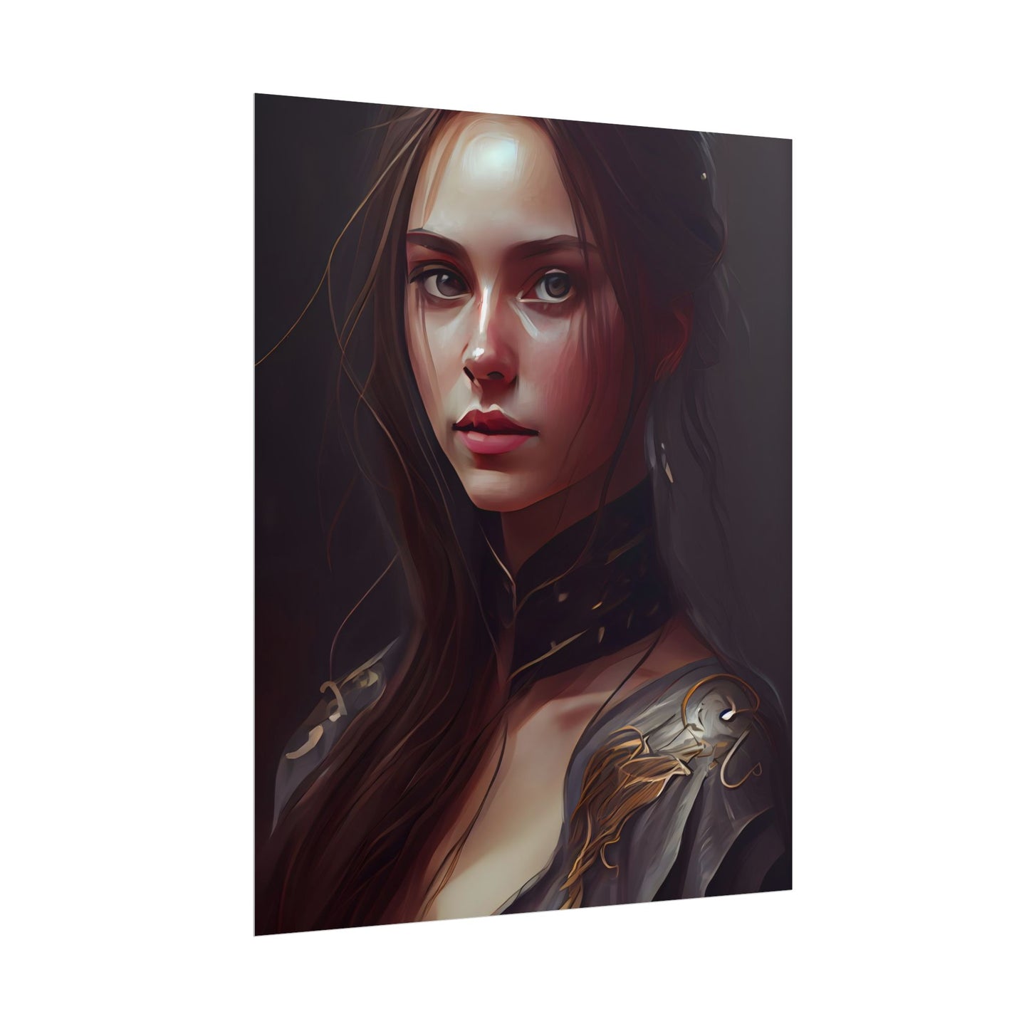 Elegant Indoor Portrait: Brown Hair Beauty - Poster