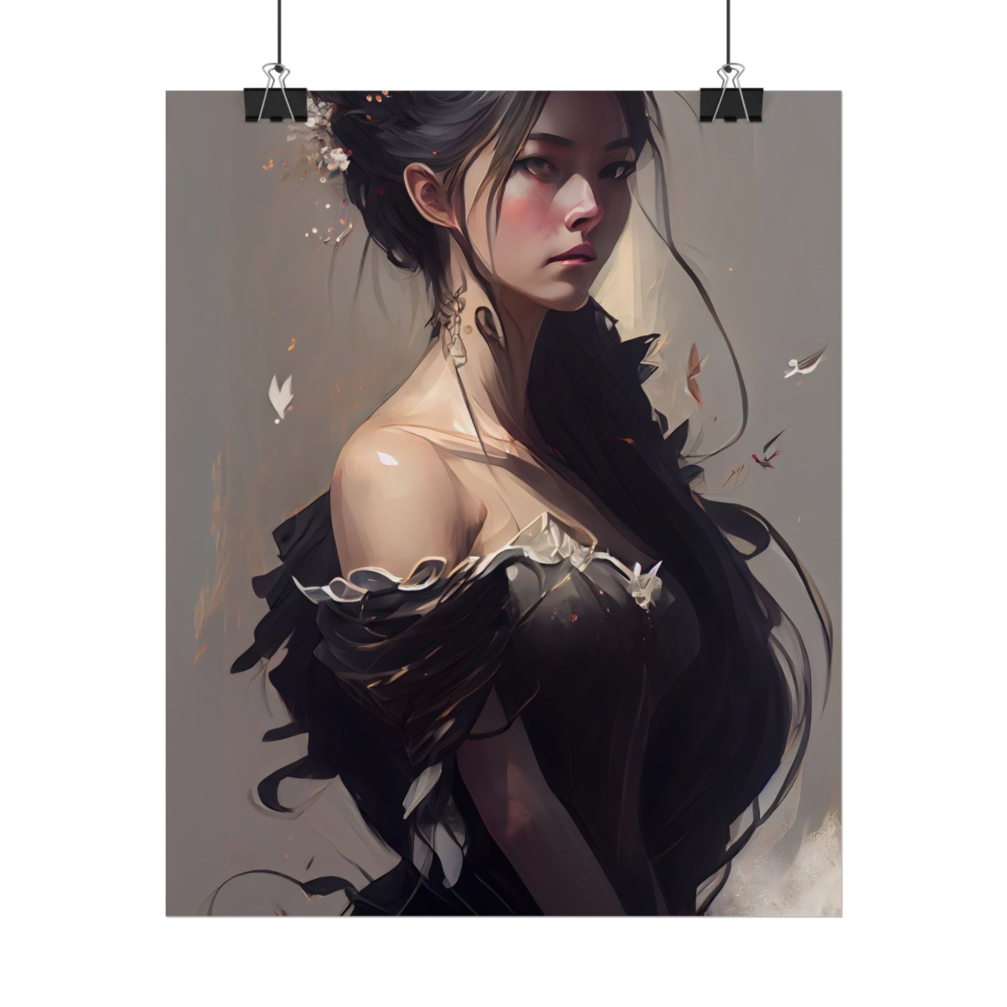 Elegant Black Hair Portrait: Beautiful Female in Dress Art - Poster