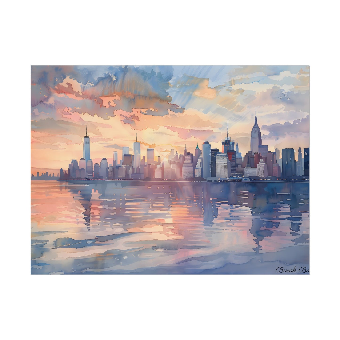 Watercolor New York City Sunset: Golden Hour Artwork - Poster