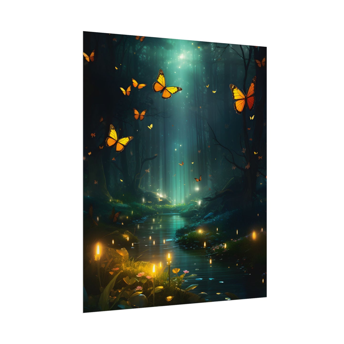 Fantasy Night Bokeh Artwork: Glowing Fog Forest Painting - Poster