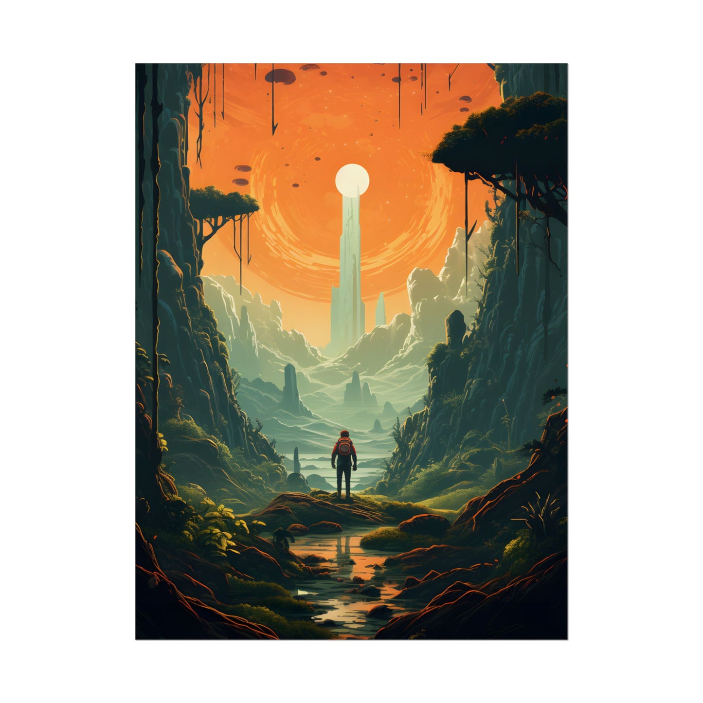 Futuristic Wilderness Explorer: Solo Discovery in Sci-Fi Terrain - Poster
