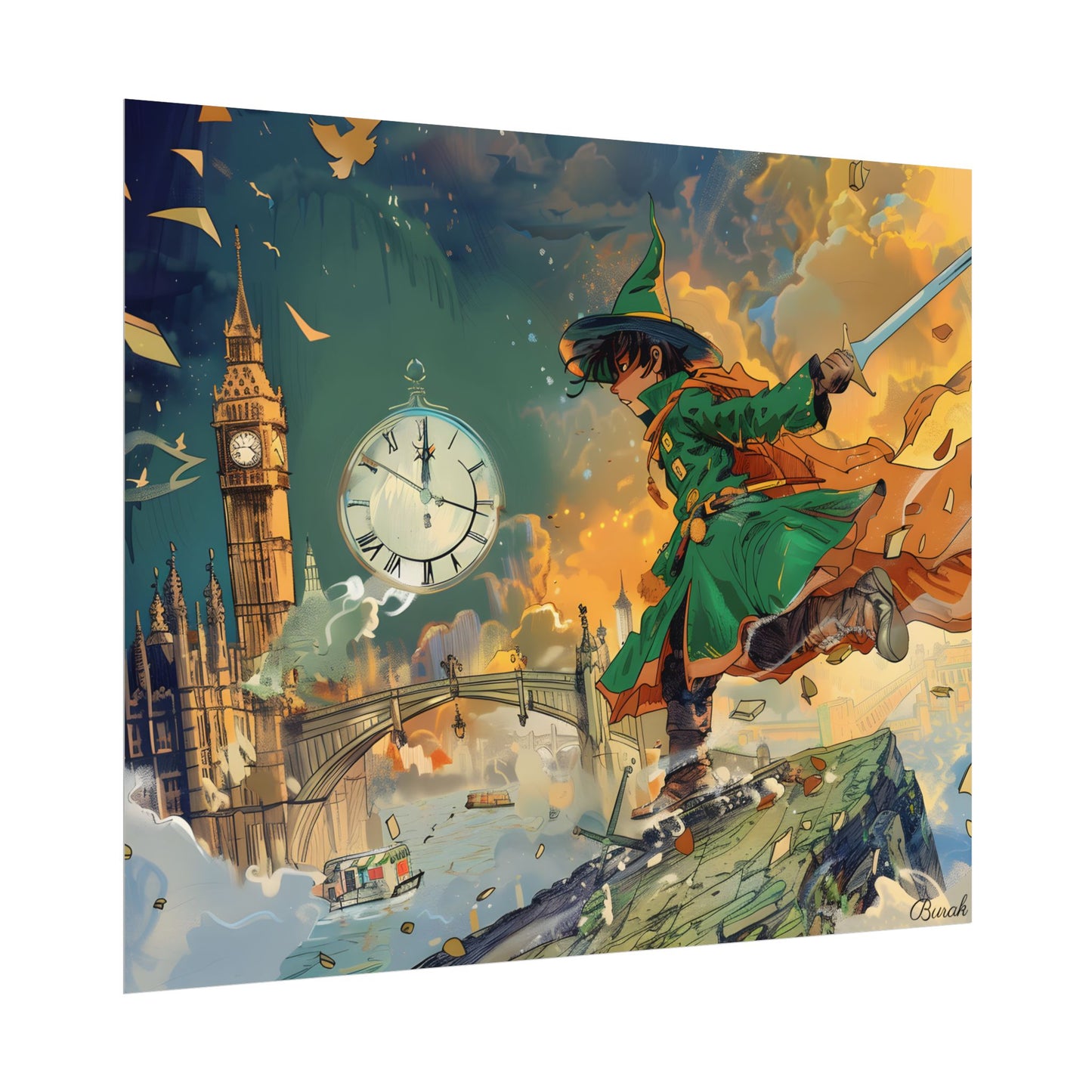 Whimsical Green Tunic Boy: Mischievous Illustration - Poster