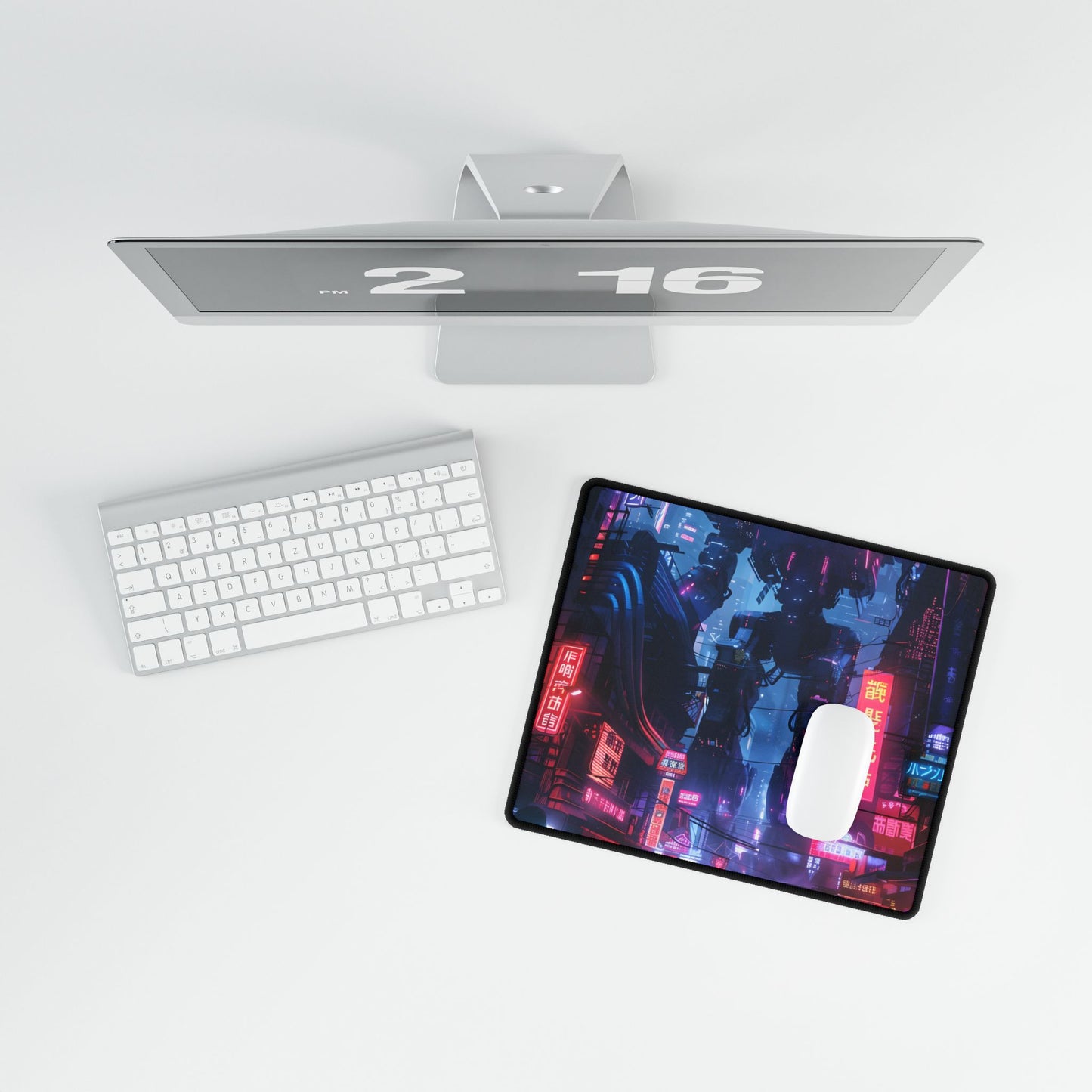 Futuristic Cityscape: Neon Lights Digital Artwork - Desk Mat