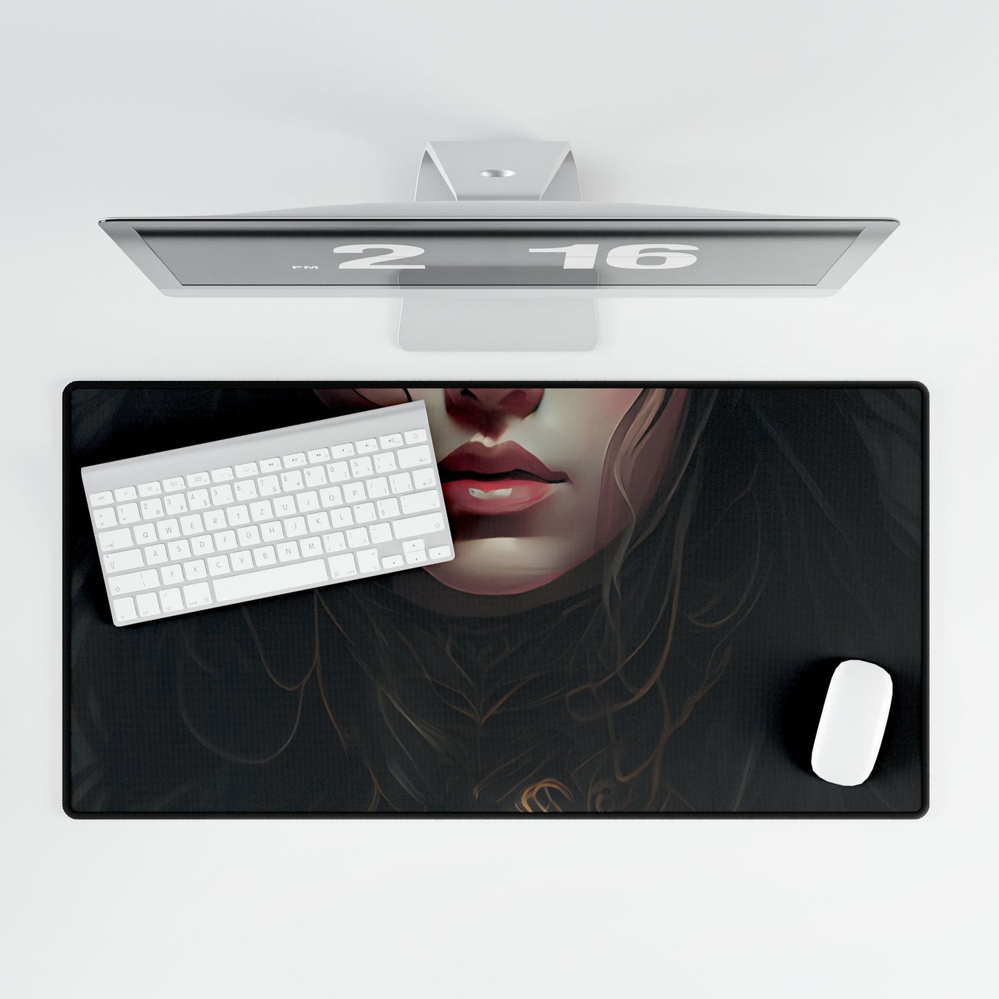 Vibrant Red Portrait: Dynamic Female Artwork - Desk Mat