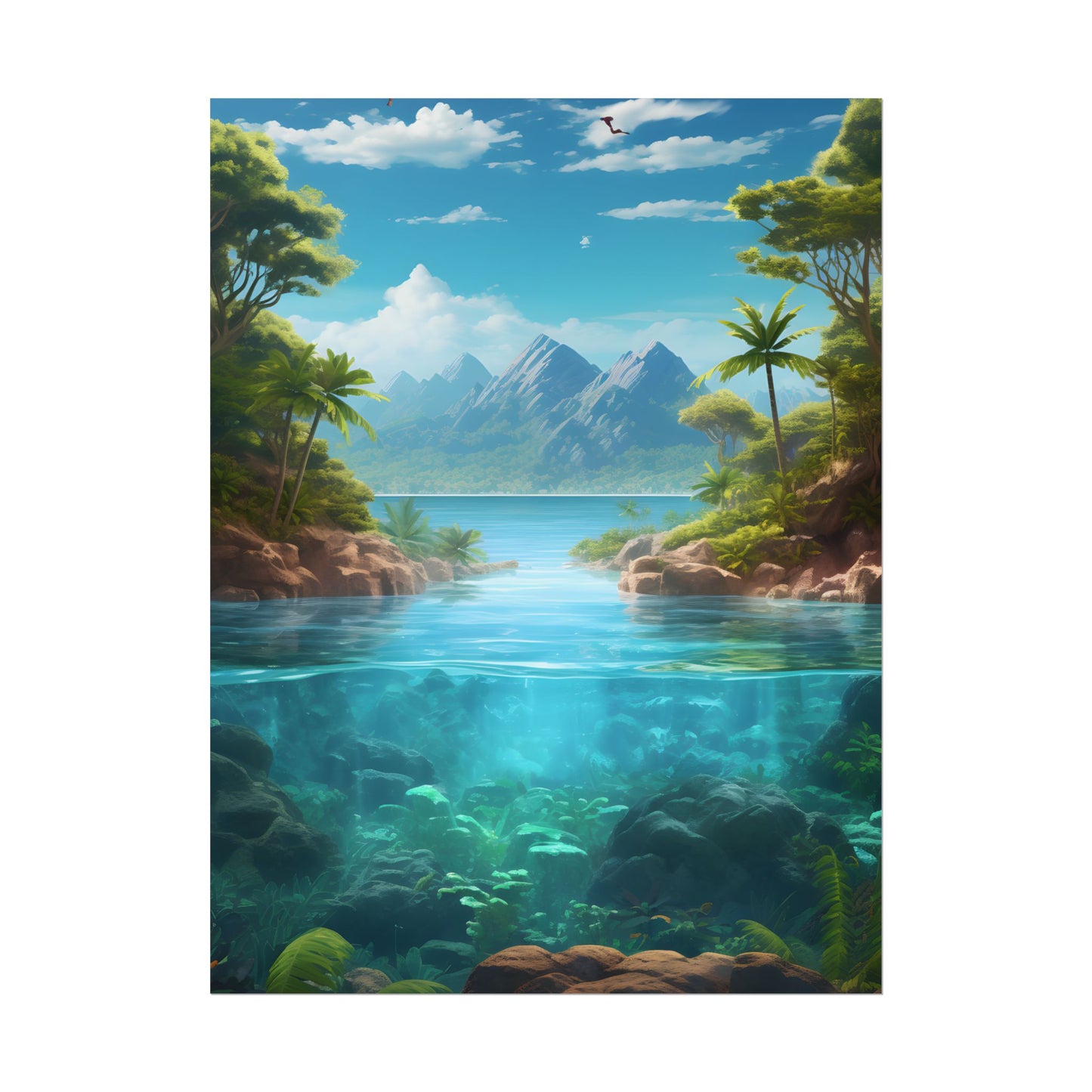 Tropical Tranquility: Serene Lagoon Island Art - Poster