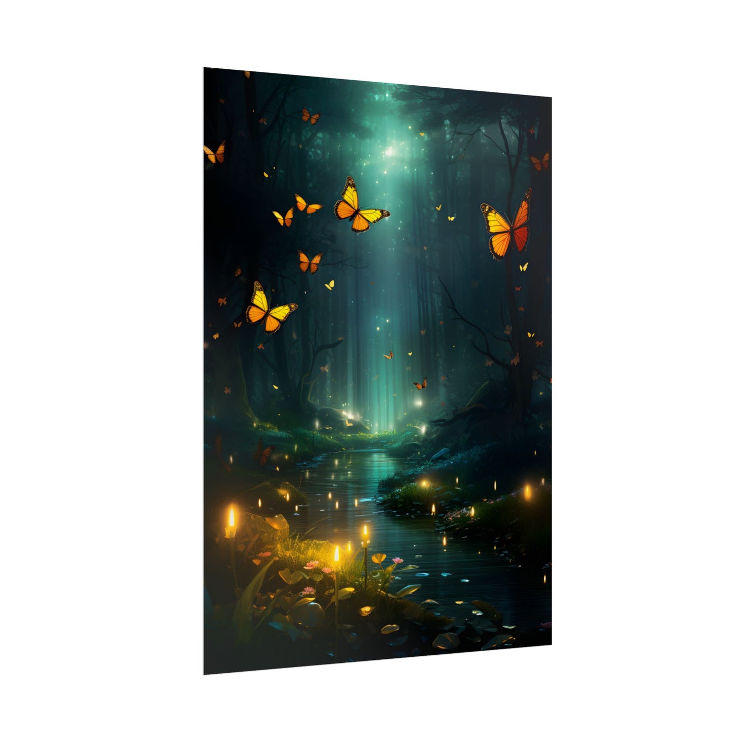 Fantasy Night Bokeh Artwork: Glowing Fog Forest Painting - Poster