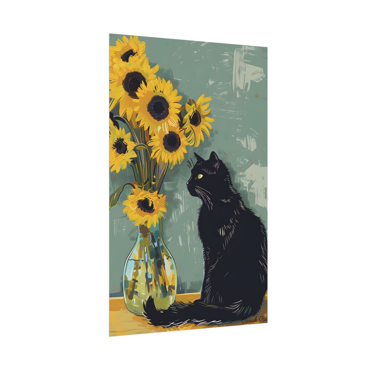 Whispers in the Sun: A Black Cat's Serene Moment with Sunflowers - Poster