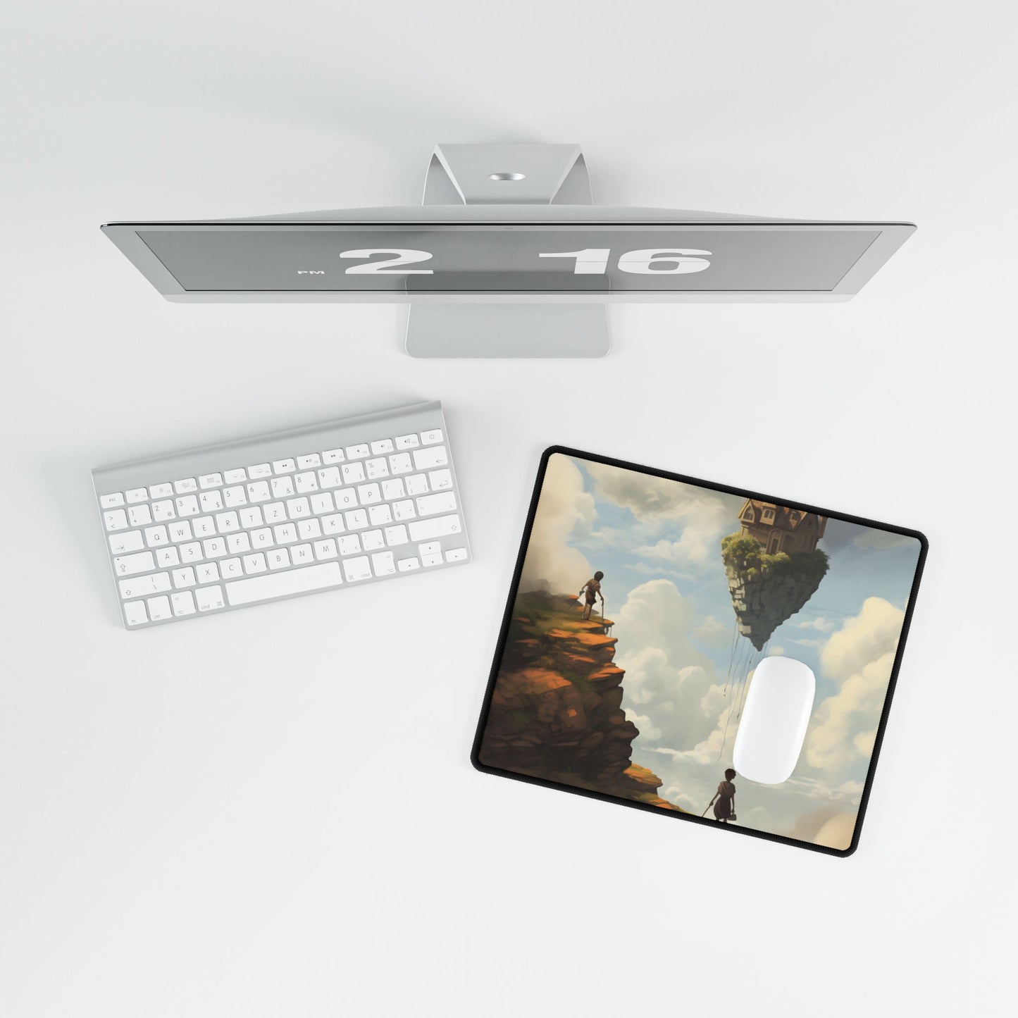 Person in Front of Building: Outdoor Scene Art - Desk Mat
