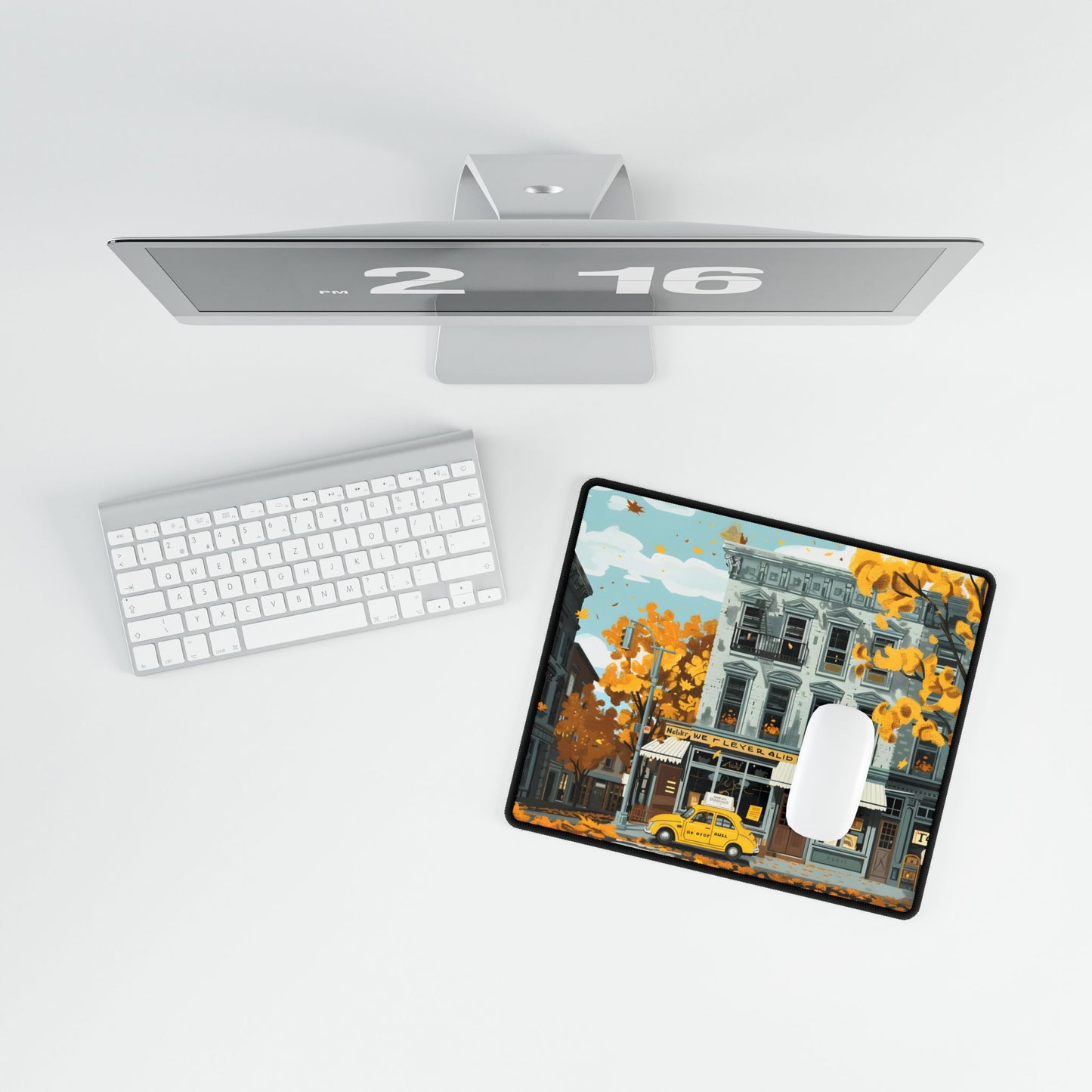 Whimsical Yellow Building: Ornate Illustration Artwork - Desk Mat