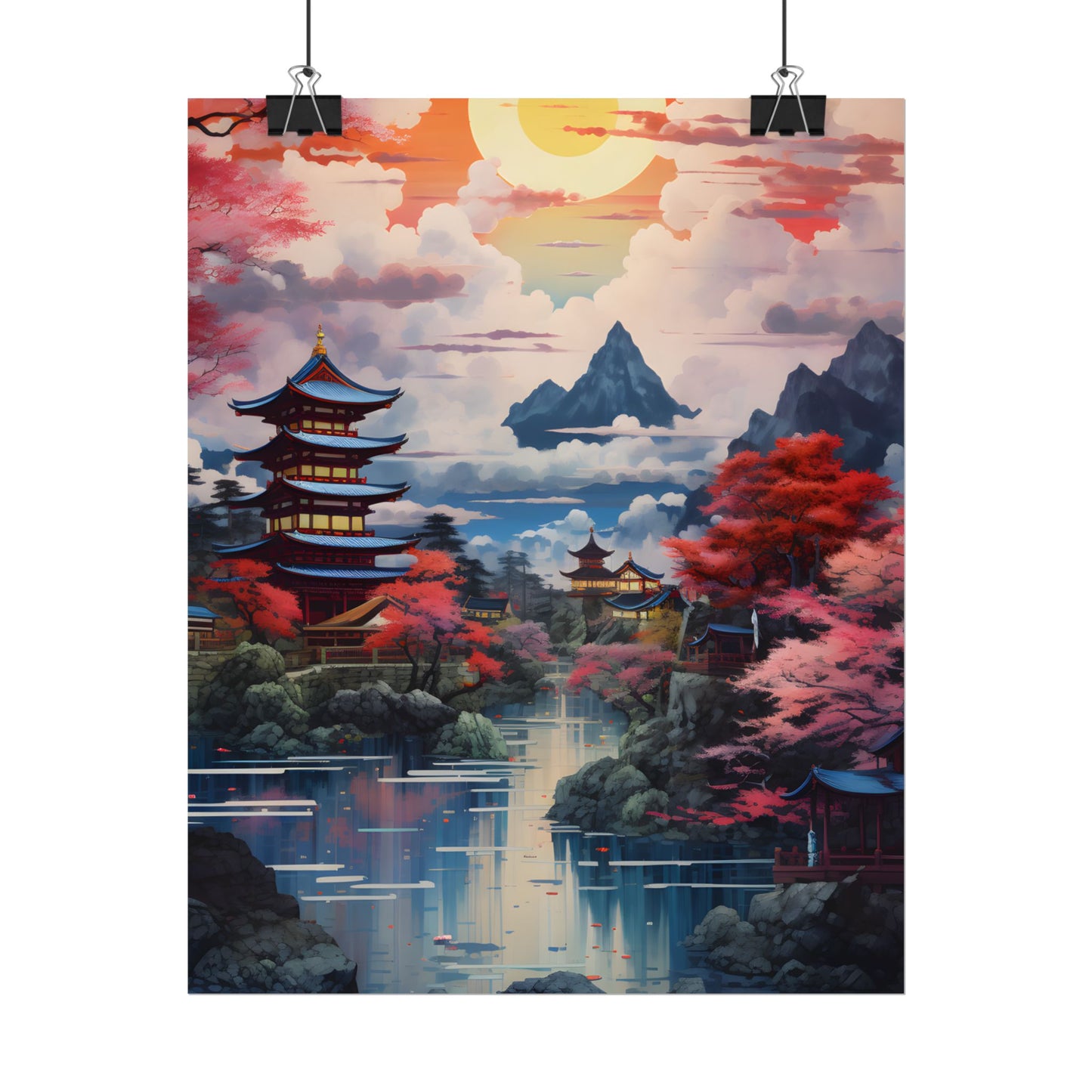 Wonderful Japanese River Scene with Serene Flowers - Poster