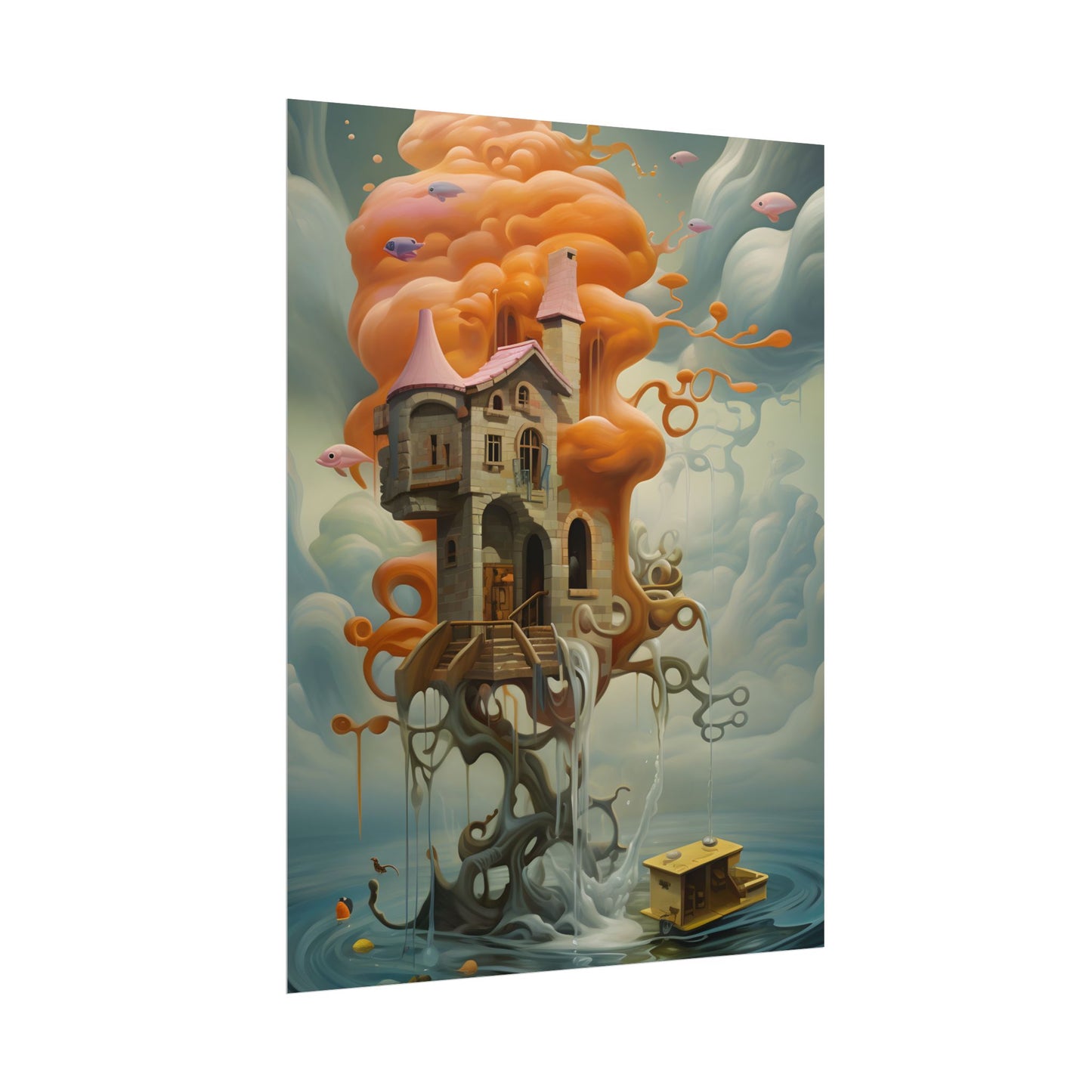 Surreal Dreamscape: Orange Mushroom in Psychedelic Landscape - Poster