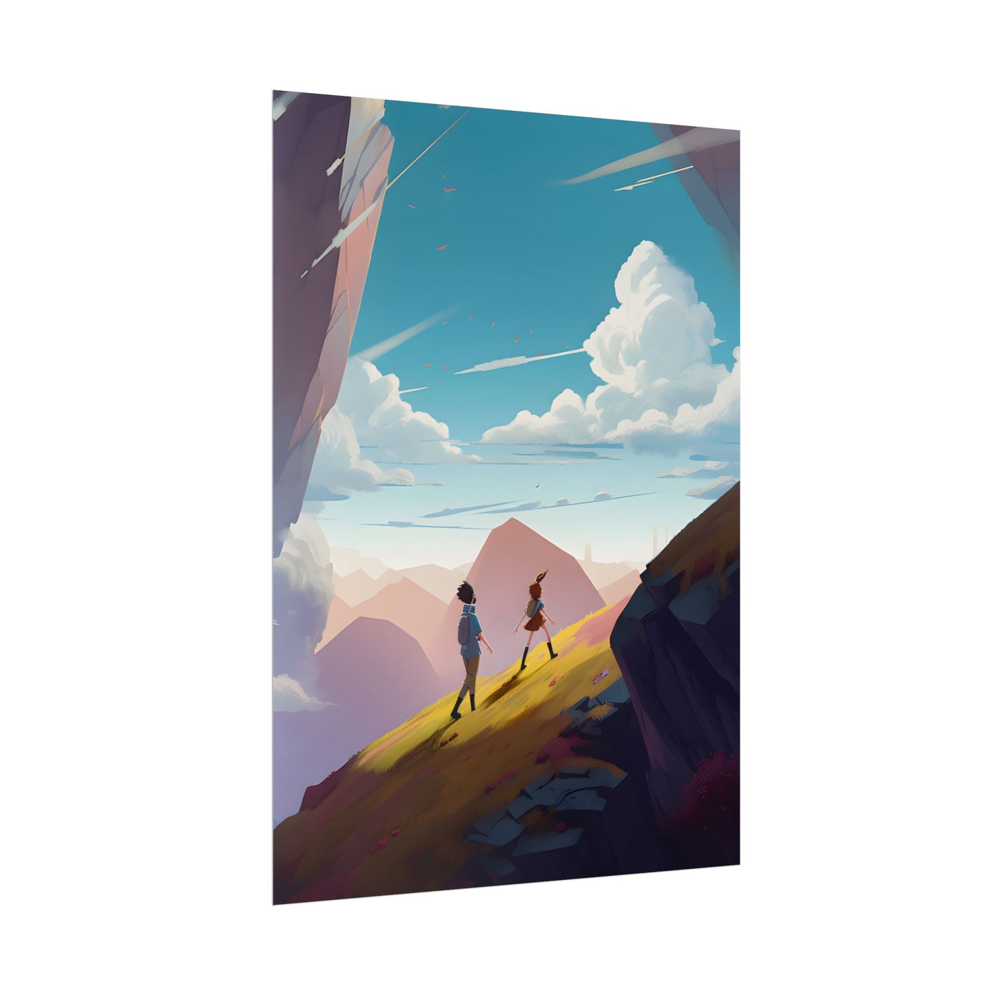 Young Boy and Girl on Cloudy Meadow: Outdoor Landscape Art - Poster
