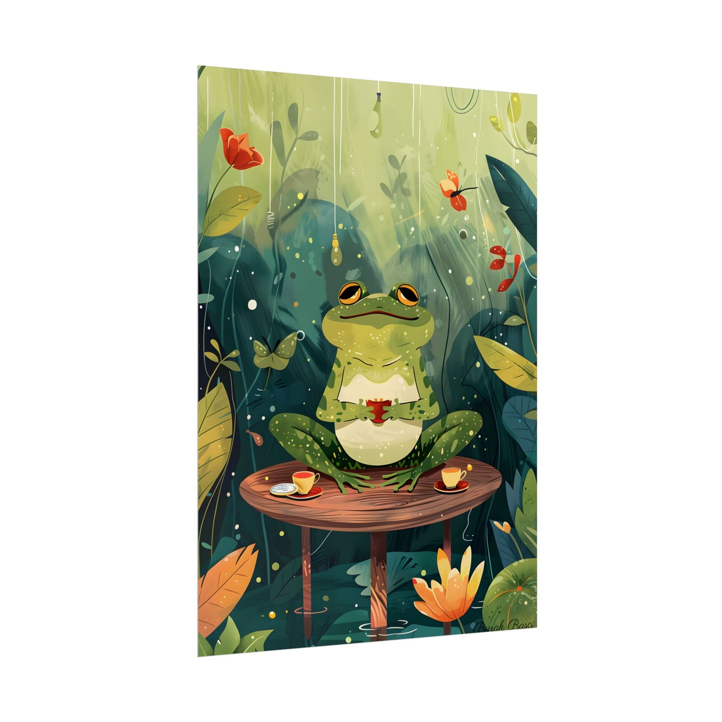 Whimsical Frog on Water: Playful Lily Pad Illustration - Poster