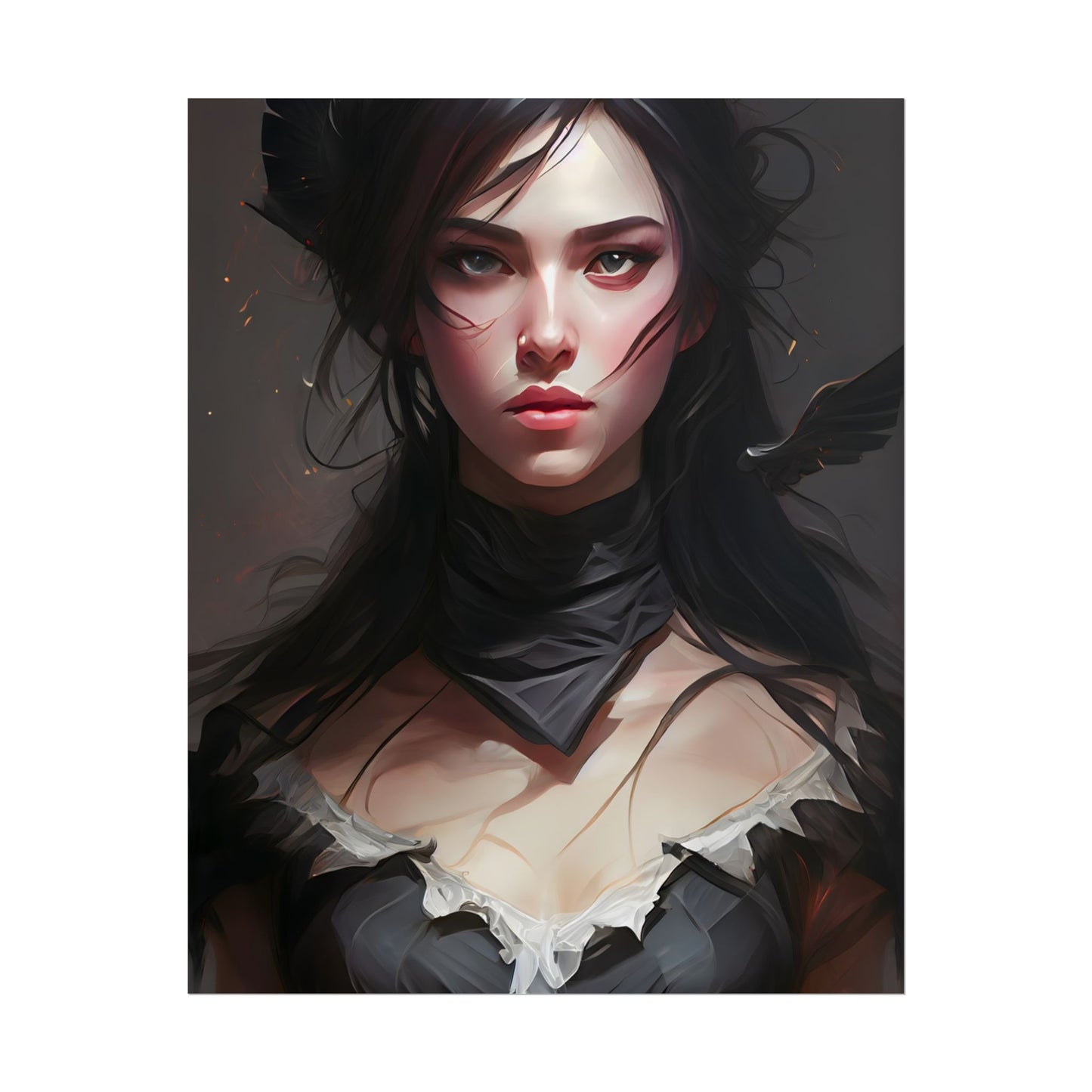 Female Portrait: Black Hair Artwork in Dark Background - Poster