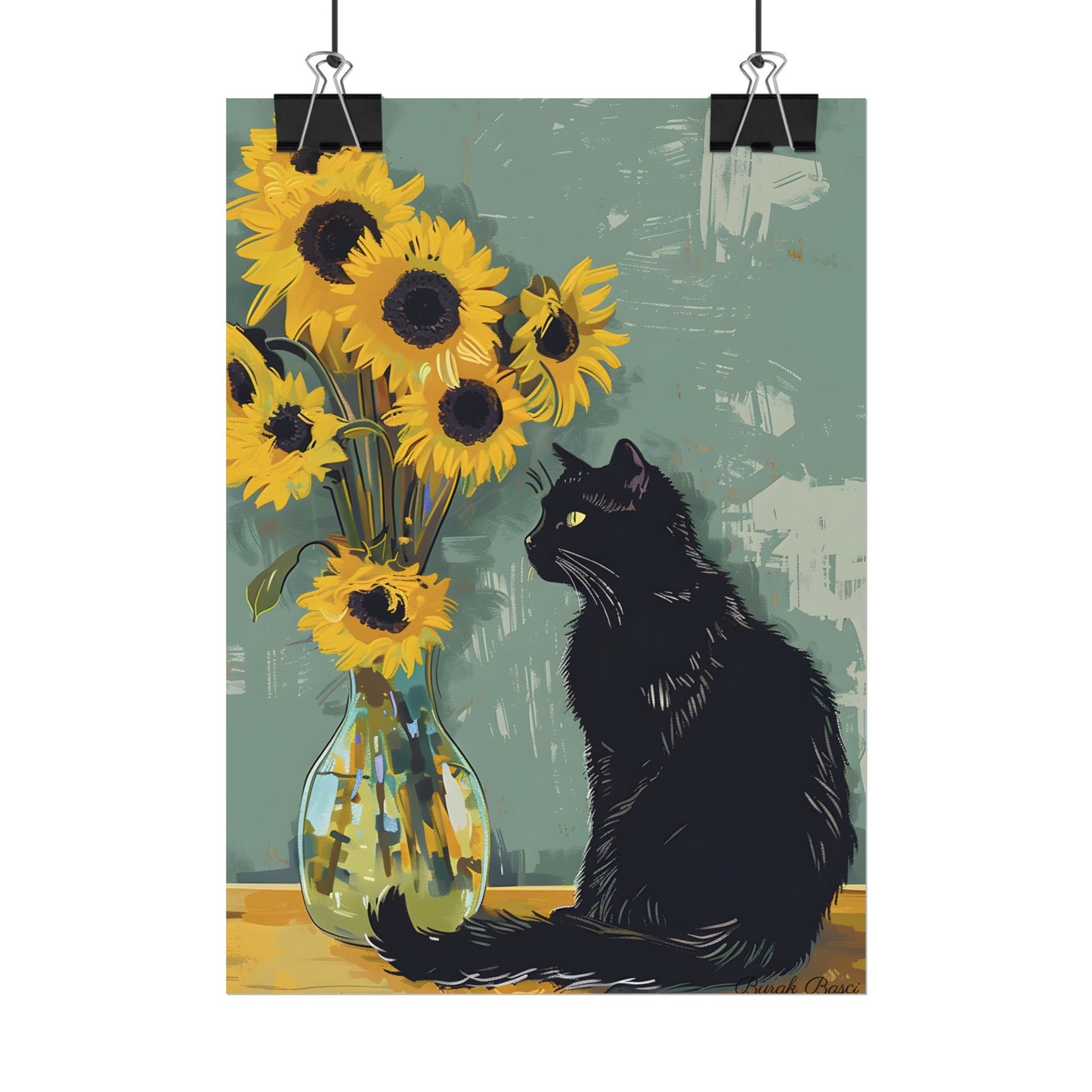 Whispers in the Sun: A Black Cat's Serene Moment with Sunflowers - Poster