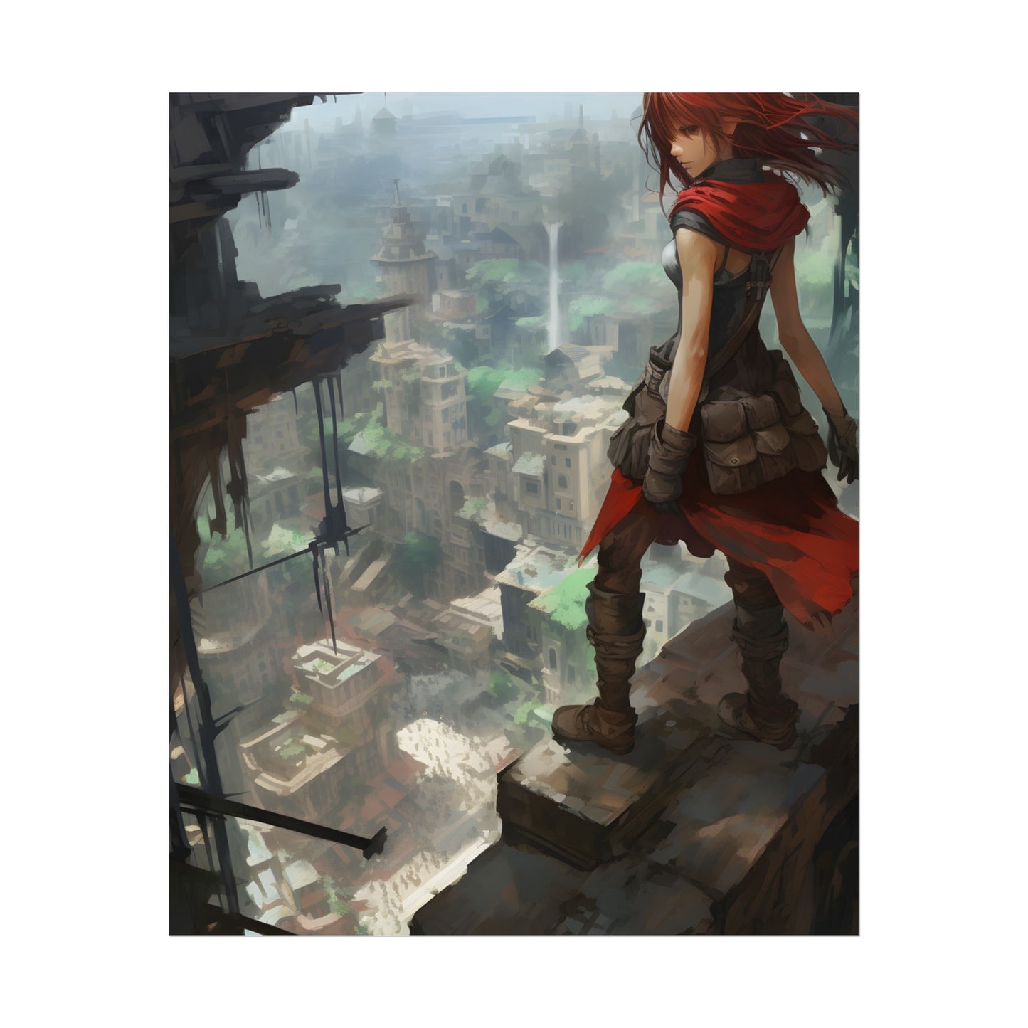 Dramatic Anime Bird's Eye View: Red Haired Heroine in Flight - Poster
