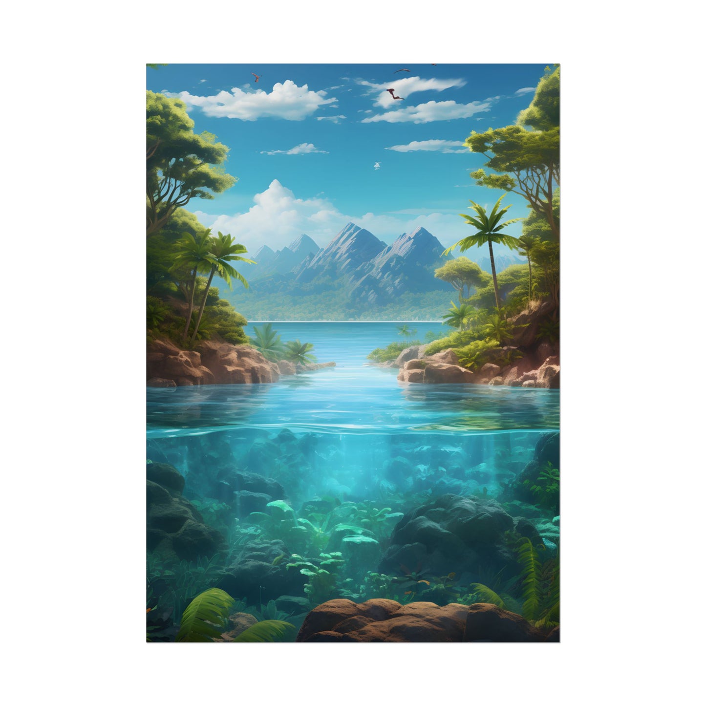 Tropical Tranquility: Serene Lagoon Island Art - Poster
