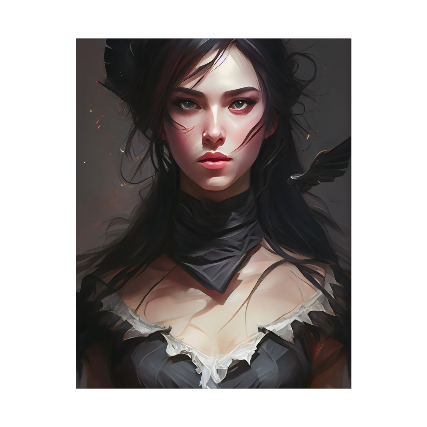 Female Portrait: Black Hair Artwork in Dark Background - Poster