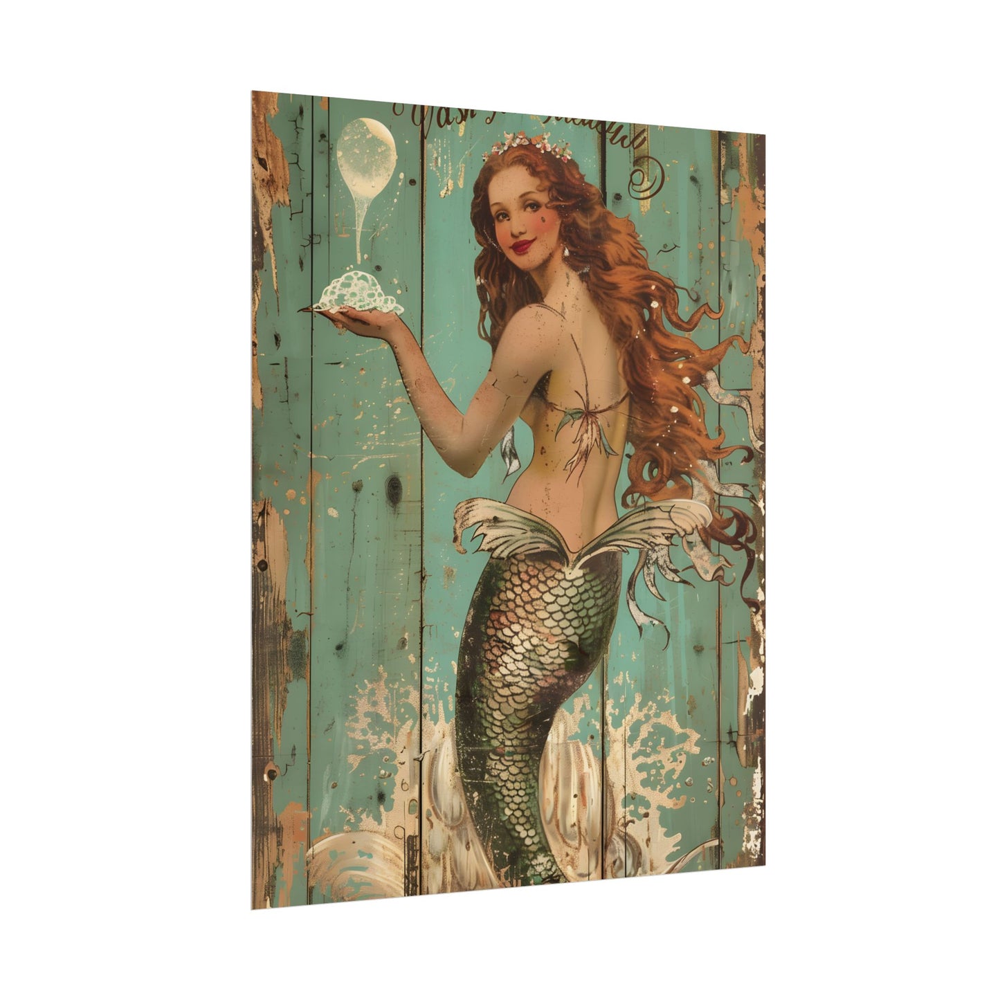Whimsical Vintage Mermaid: A Soap Bubble Serenade - Poster